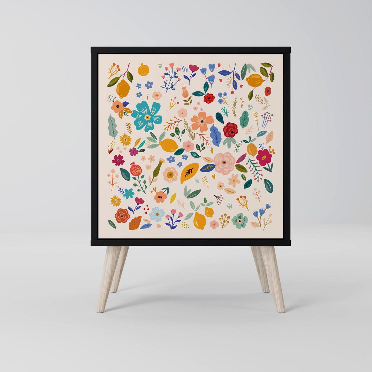 SIDEBOARD FLORAL COMBINATION, Schwarz, 57,5x42x67,5 cm, Schwarze Metall-Rahmenfüße - Multicolor/Schwarz, Holzwerkstoff/Metall (57.5/67.5/42cm) - SpaceRebels
