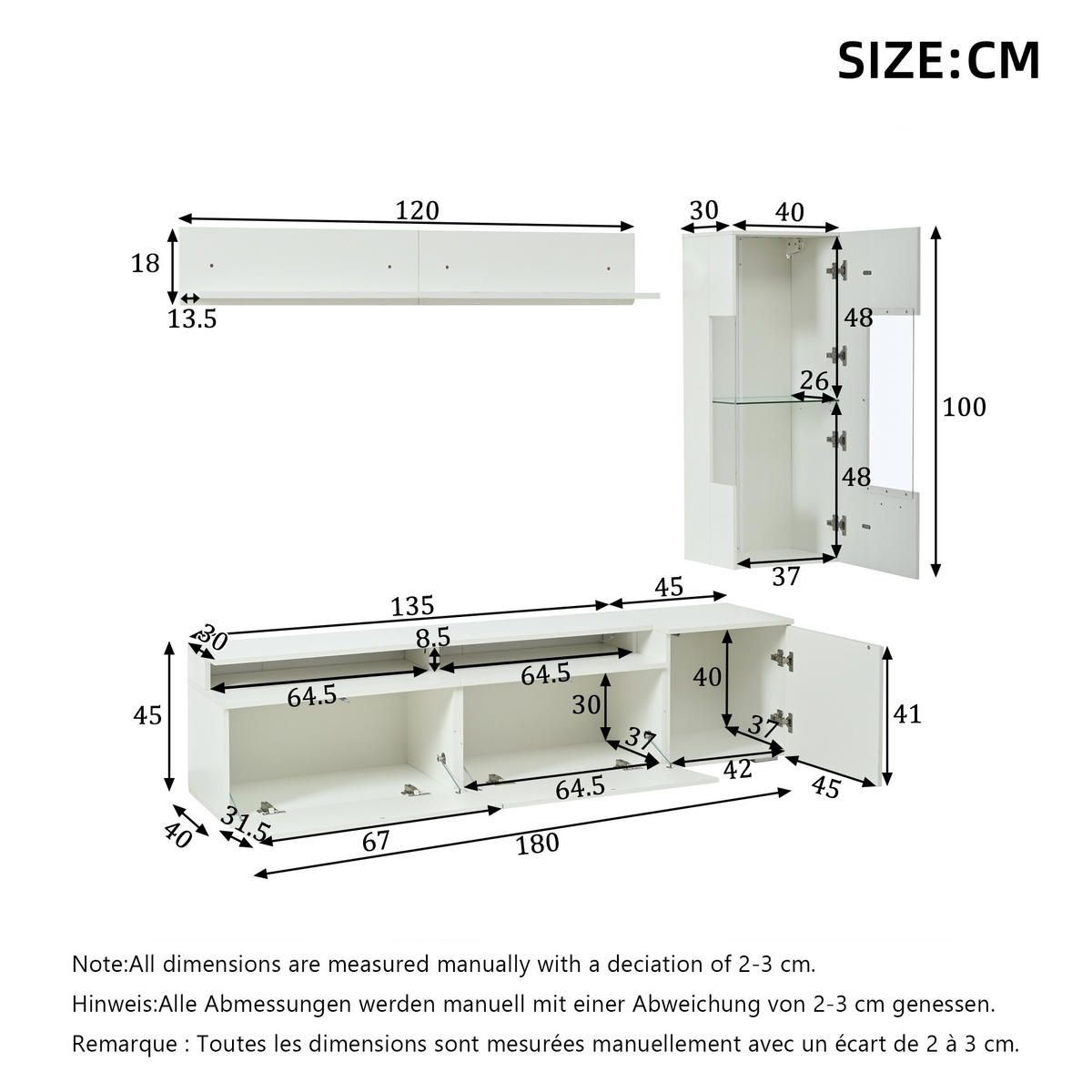 TV-ELEMENT 180/40/45 cm Weiß mit LED Beleuchtung (3 Stück) - Weiß, Holz (180/45/40cm) - Oxeza