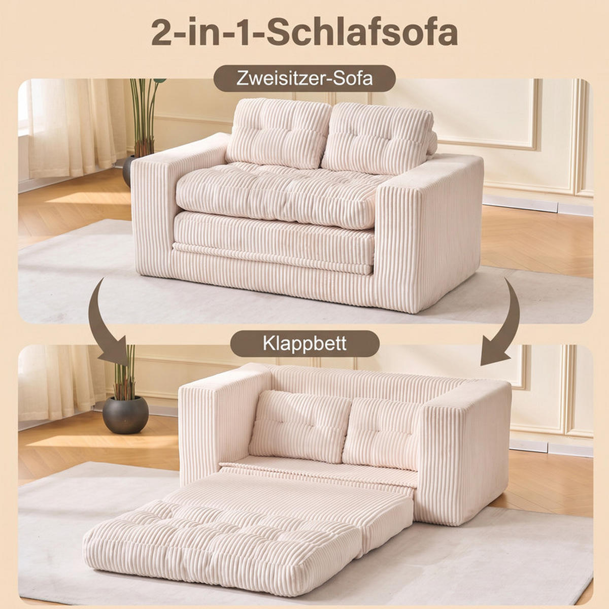 SCHLAFSOFA 140/85/54 cm Beige Cord - Beige, Textil (85/54/140cm) - Oxeza