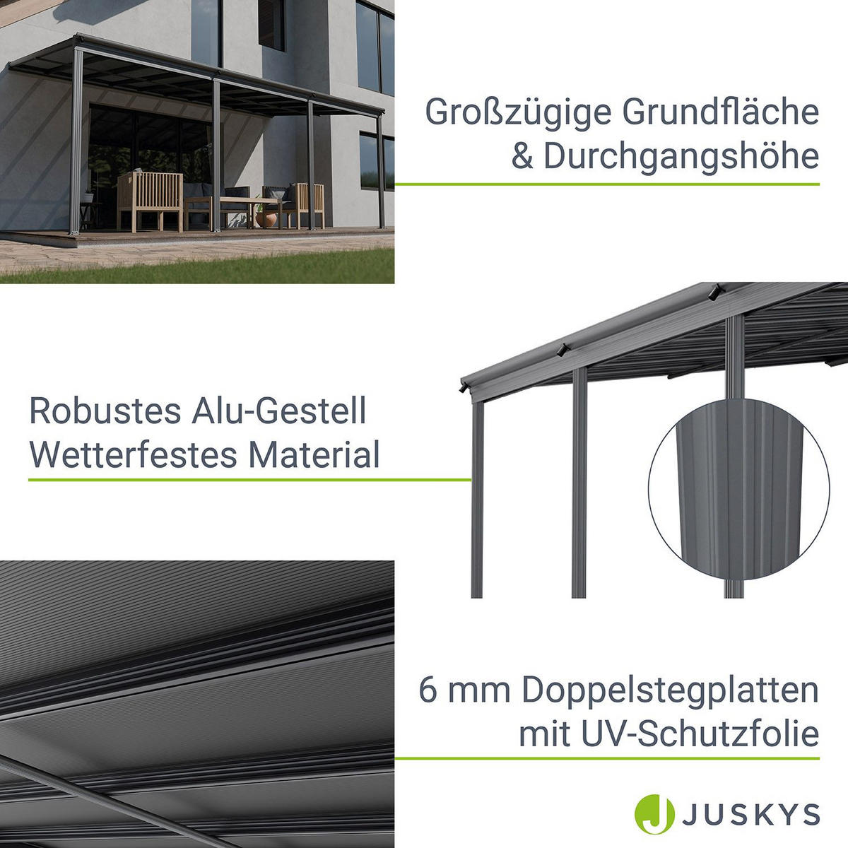 TERRASSENDACH Borneo Aluminium 6x3m dunkelgrau - Dunkelgrau, Metall (618/178/303cm) - Juskys