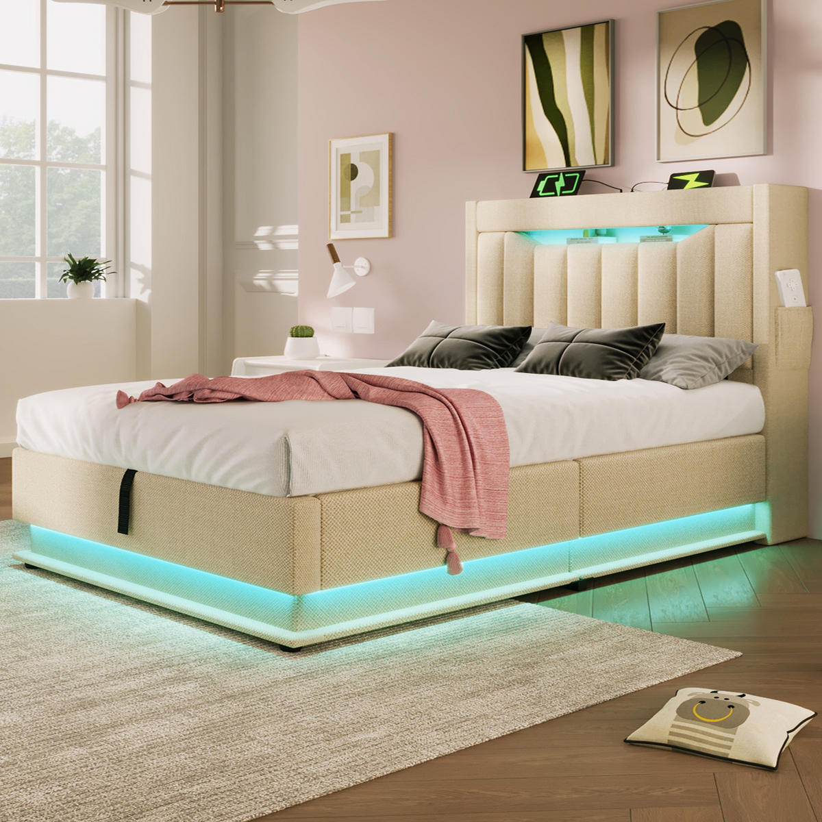 POLSTERBETT aus Leinen 90x200 cm in Beige mit LED & USB/Typ-C - Beige, Textil (90/200cm) - Modfu