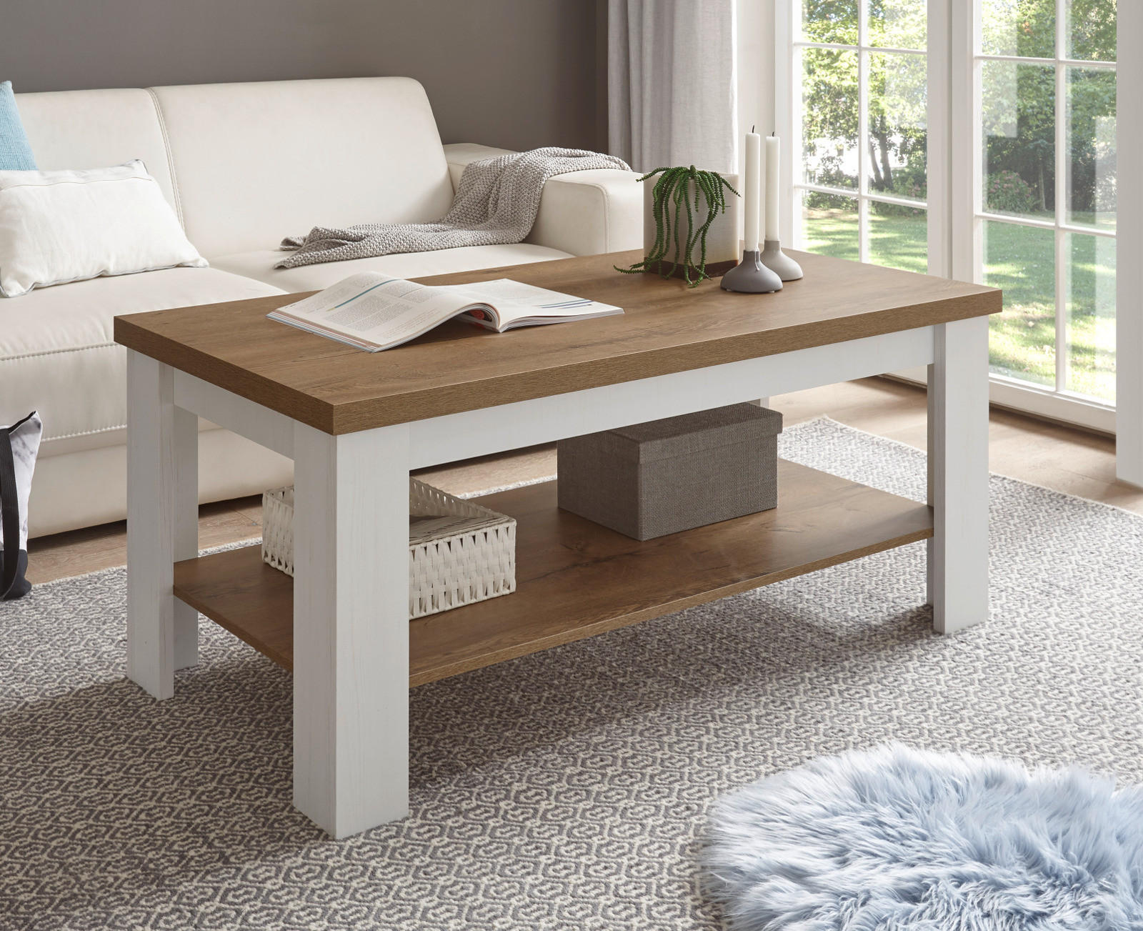 COUCHTISCH weiß Pinie, Eiche hell Landhaus Beistelltisch 120 x 60 cm - Eichefarben/Weiß, Holzwerkstoff (120/60/50cm) - Furn.Design