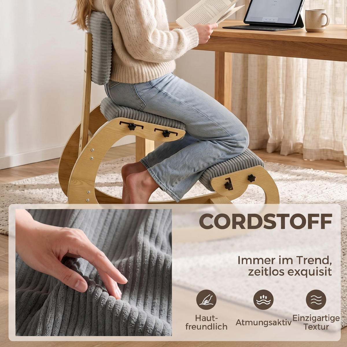 KNIESTUHL Cord Dunkelgrau - Grau, Textil (54/86/98cm) - HOMCOM