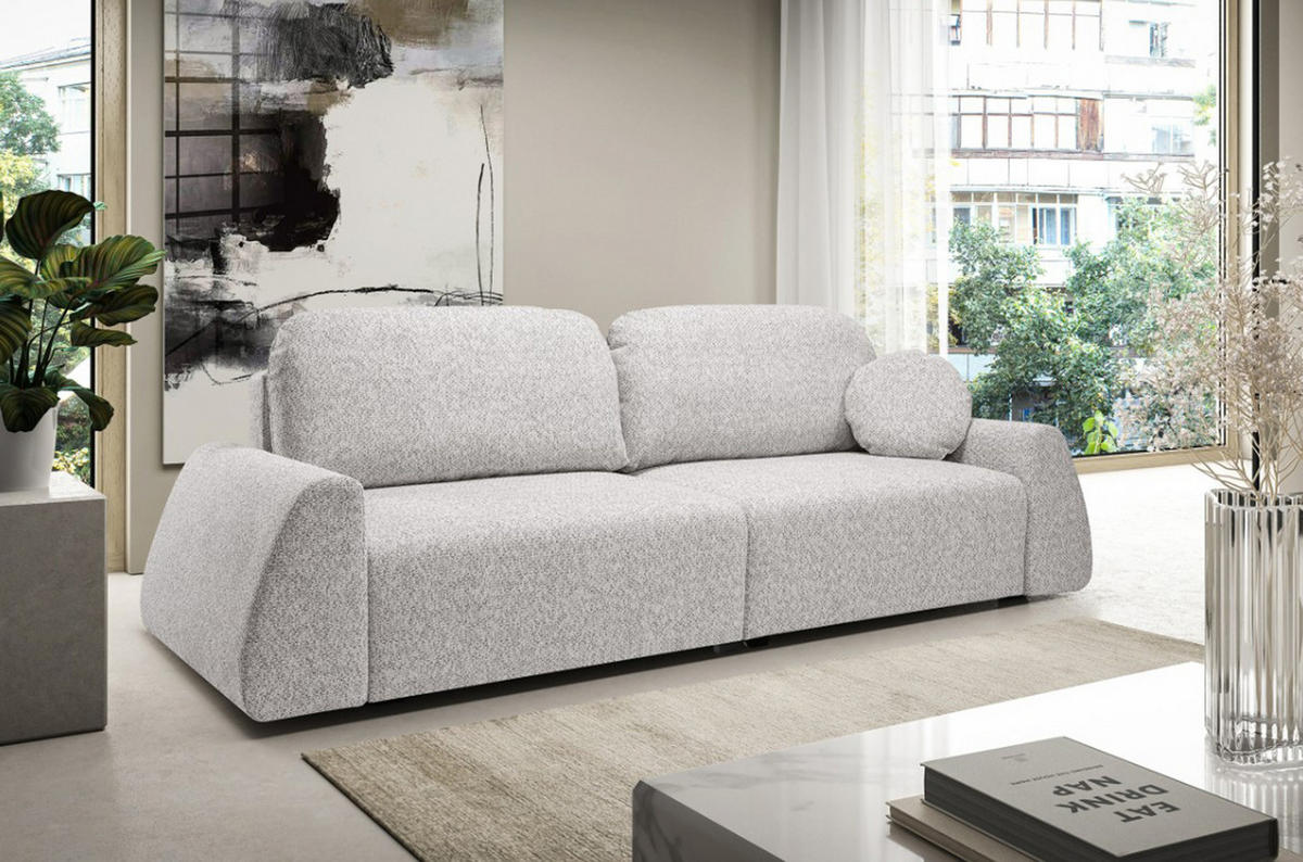 SCHLAFSOFA Moderne ALMI mit Schlaffunktion – 3-Sitzer Sofa mit Bettkasten, DL-Automat, 2 Rückenkissen, 260x100x80 cm, White - Weiß, Holz/Textil (260/80/100cm) - DomoHome