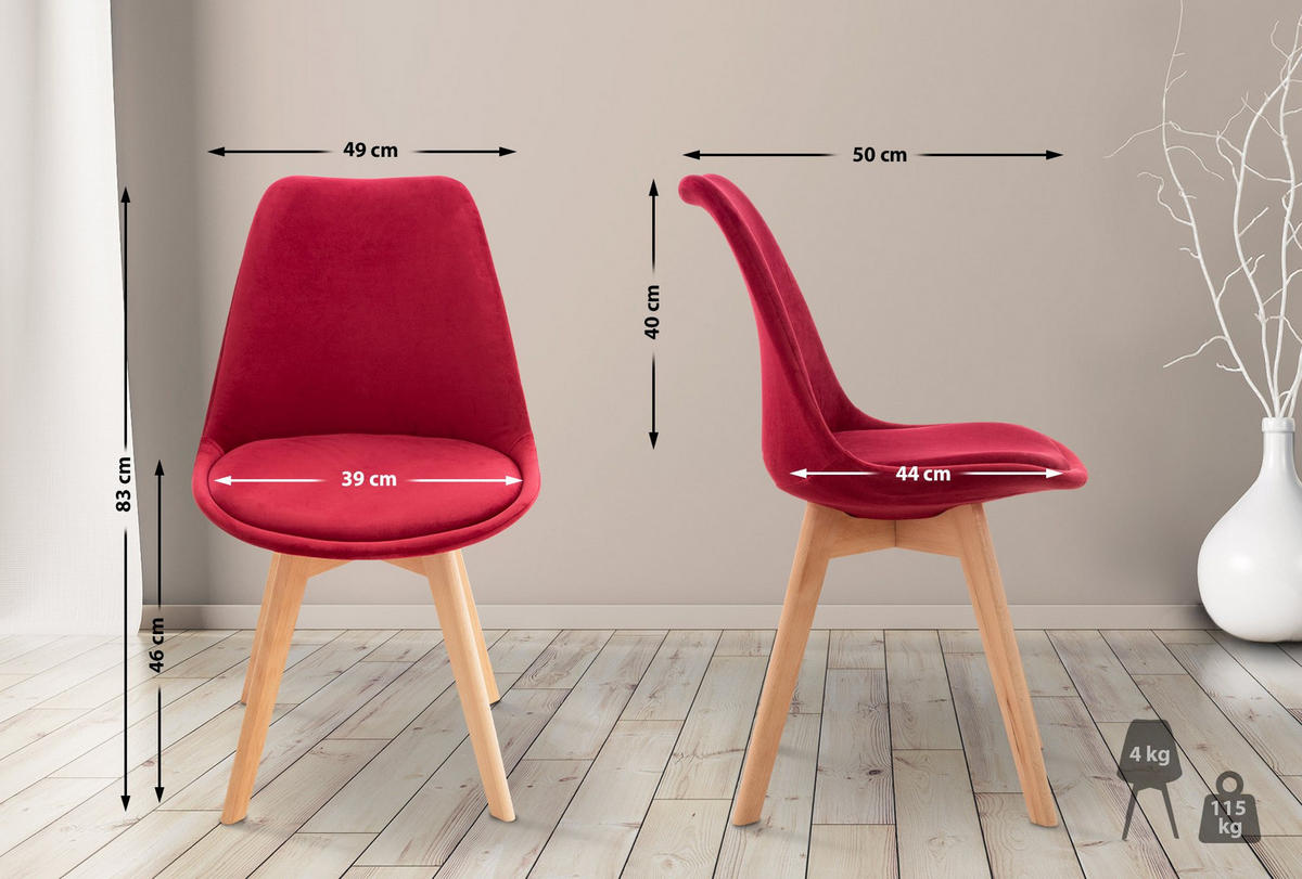 STUHL 4er Set Samt rot - Eukalyptusholzfarben/Rot, Holz/Textil (49/83/50cm) - CLP