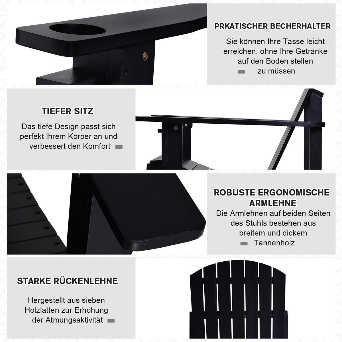 ADIRONDACK-GARTENSTUHL mit Becherhalter, Gartenliege Balkonstuhl, Massivholz, Schwarz - Schwarz, Holz (95/93/72cm) - Outsunny