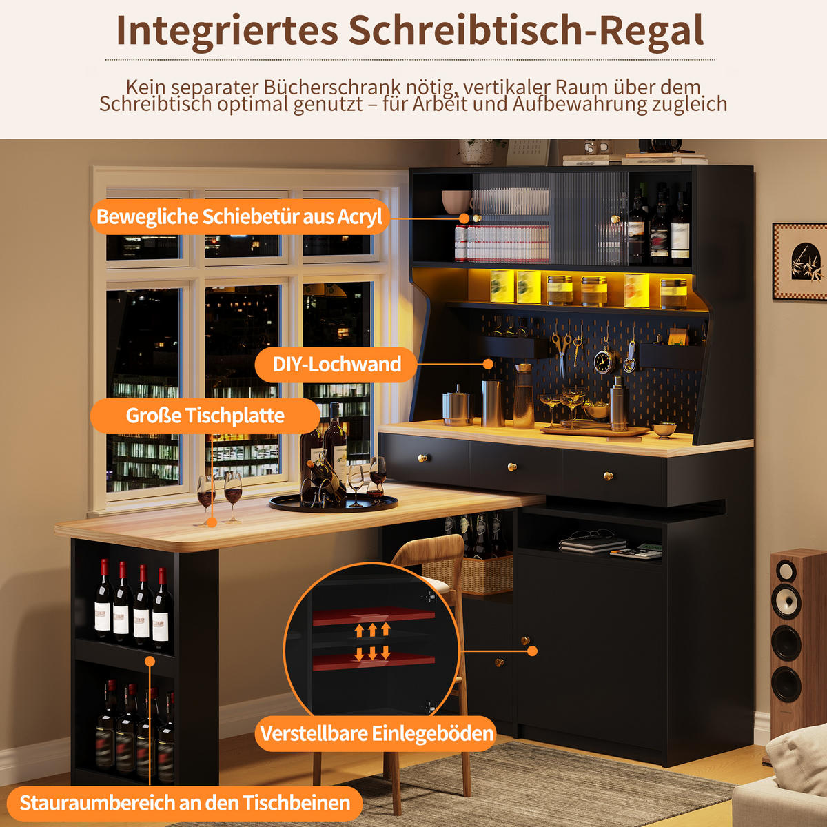 BUFFET LED Glas Türen Schwarz - Schwarz, Glas (137/177.7/74cm) - FLIEKS