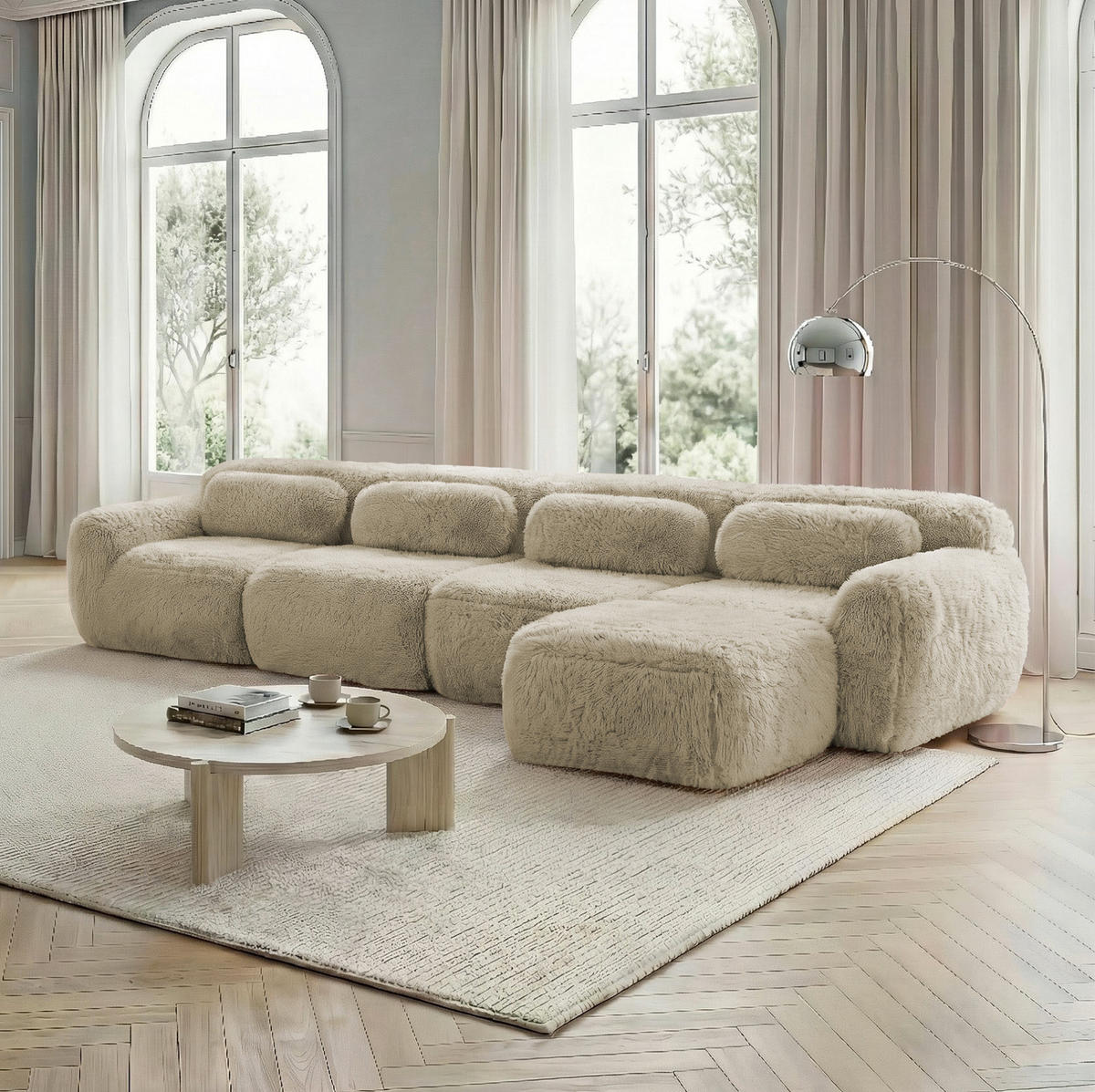 MODULARES Ecksofa aus Plüsch in Beige mit Chaiselongue - Beige, Textil (179/73/378cm) - Modfu