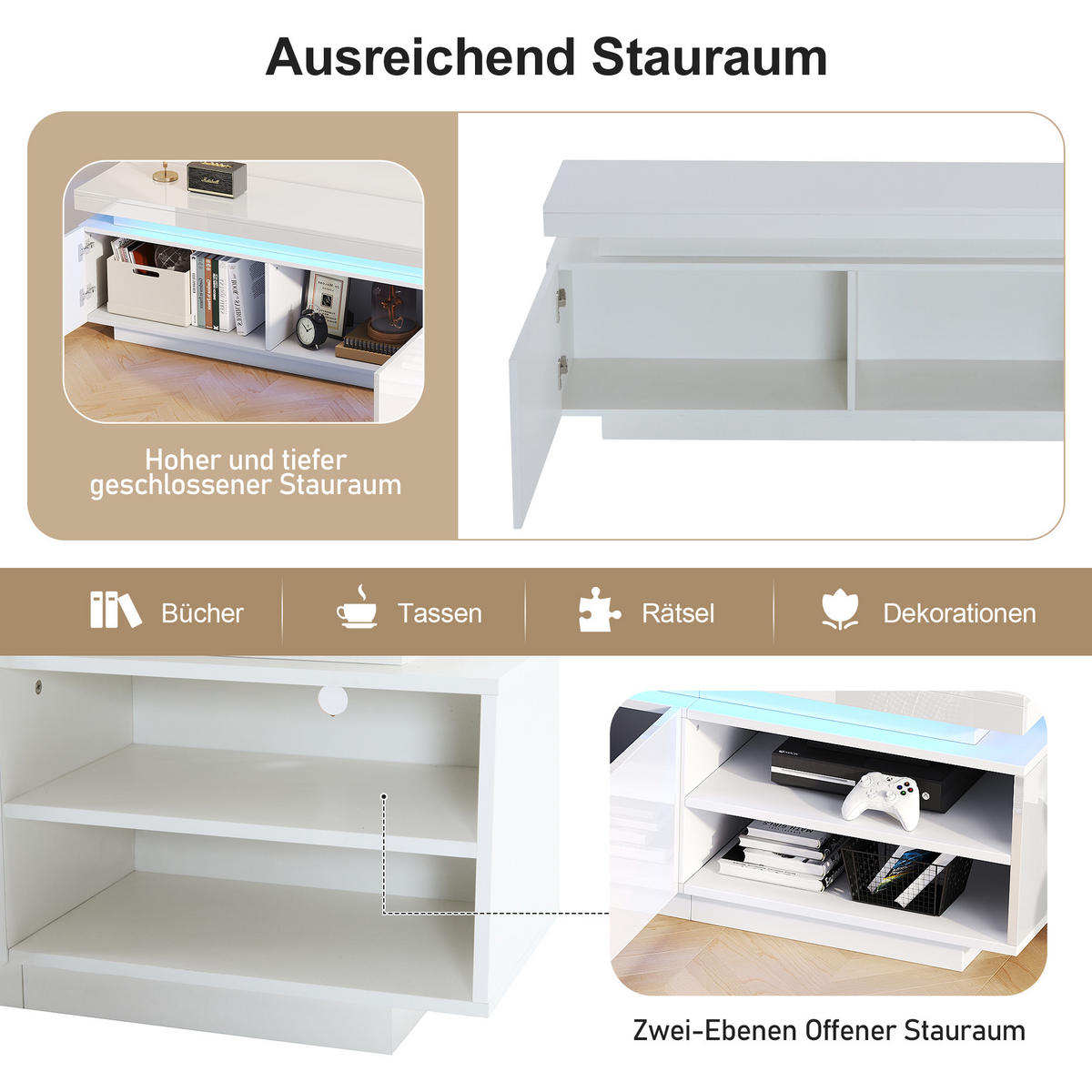 LOWBOARD mit LED-Beleuchtung, 2 Türen, Kabelmanagement und Hochglanz-Design 170/35/50 cm - Weiß, Holzwerkstoff (170/50/35cm) - EVRYAE