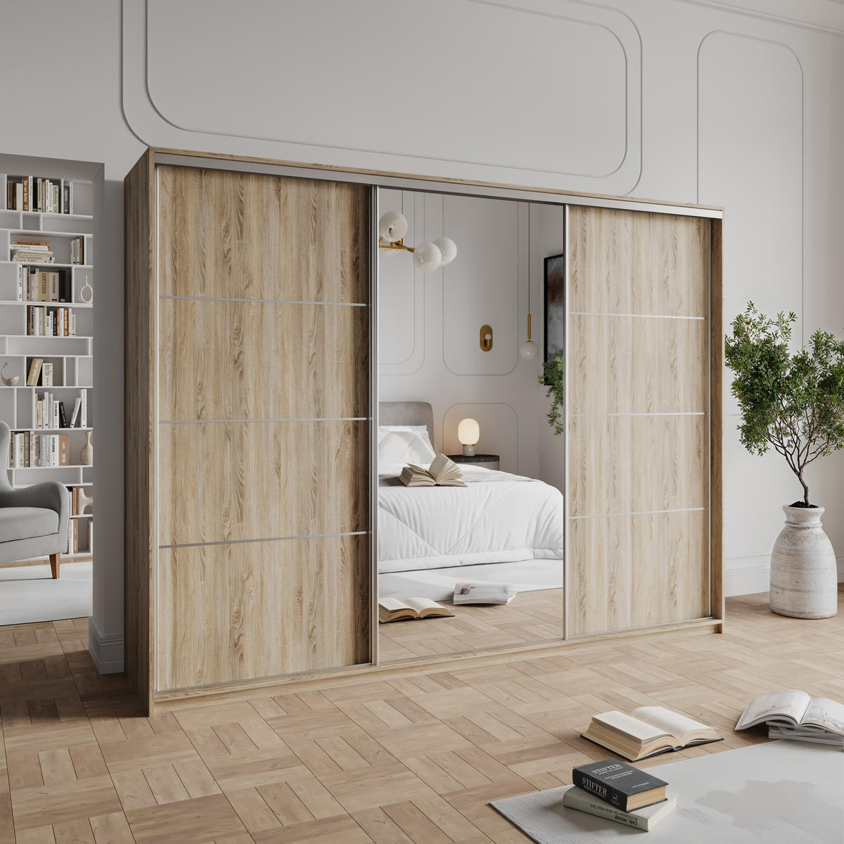 SCHWEBETÜRENSCHRANK VARO 250/205/60 cm 3-türig mit Spiegel und Schubladen Sonoma Eiche - Sonoma Eiche/Nickelfarben, Holzwerkstoff (250/205/60cm) - MASSENO