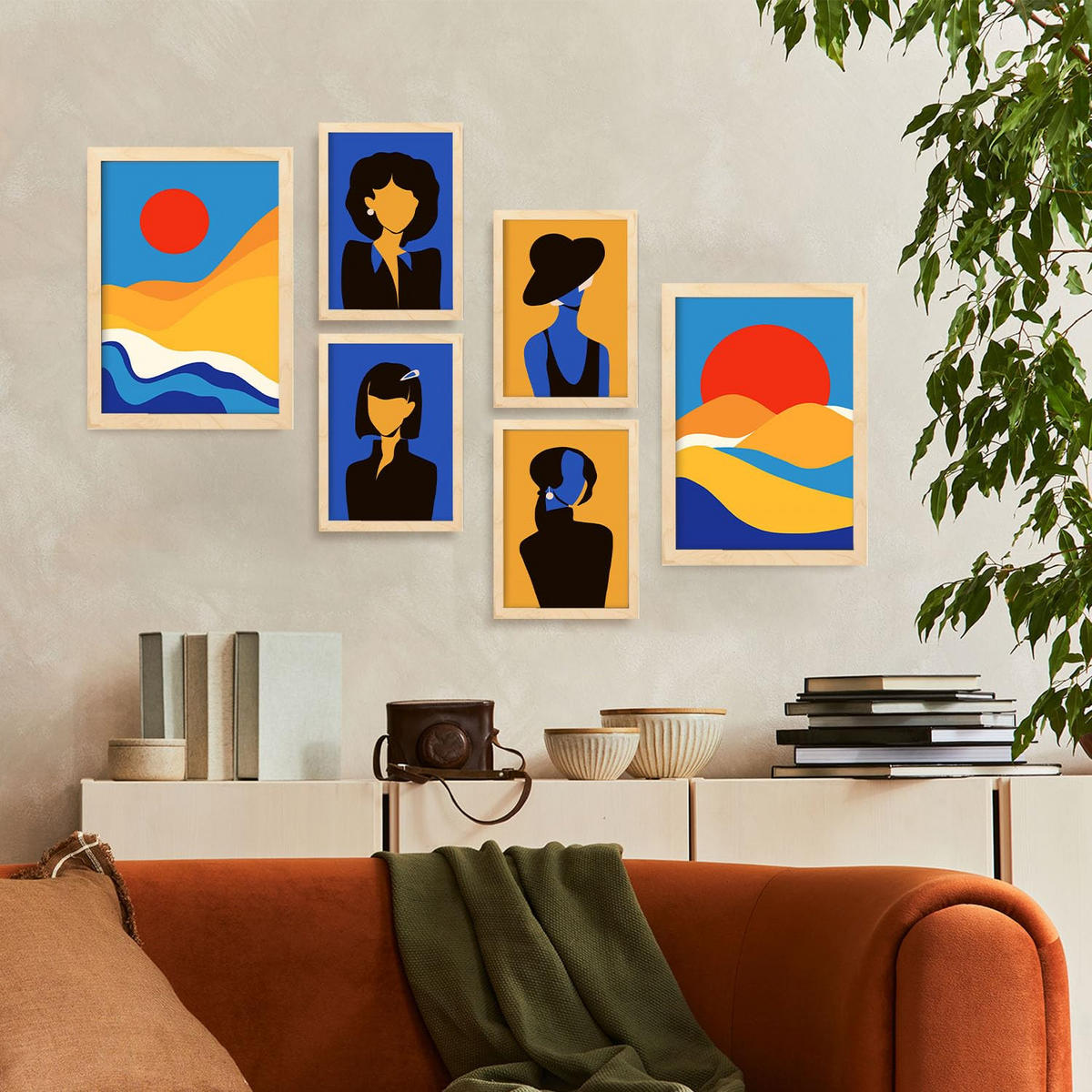 POSTER Set Mit 6 Wüstenjungen In Weibliche Zusammenfassung Ästhetische Dekorative Gemälde Für Ihr Wohnzimmer Zuhause A3 & A4 Rahmen Aus Hellem Holz - Beige, Papier (29/3cm) - Nacnic