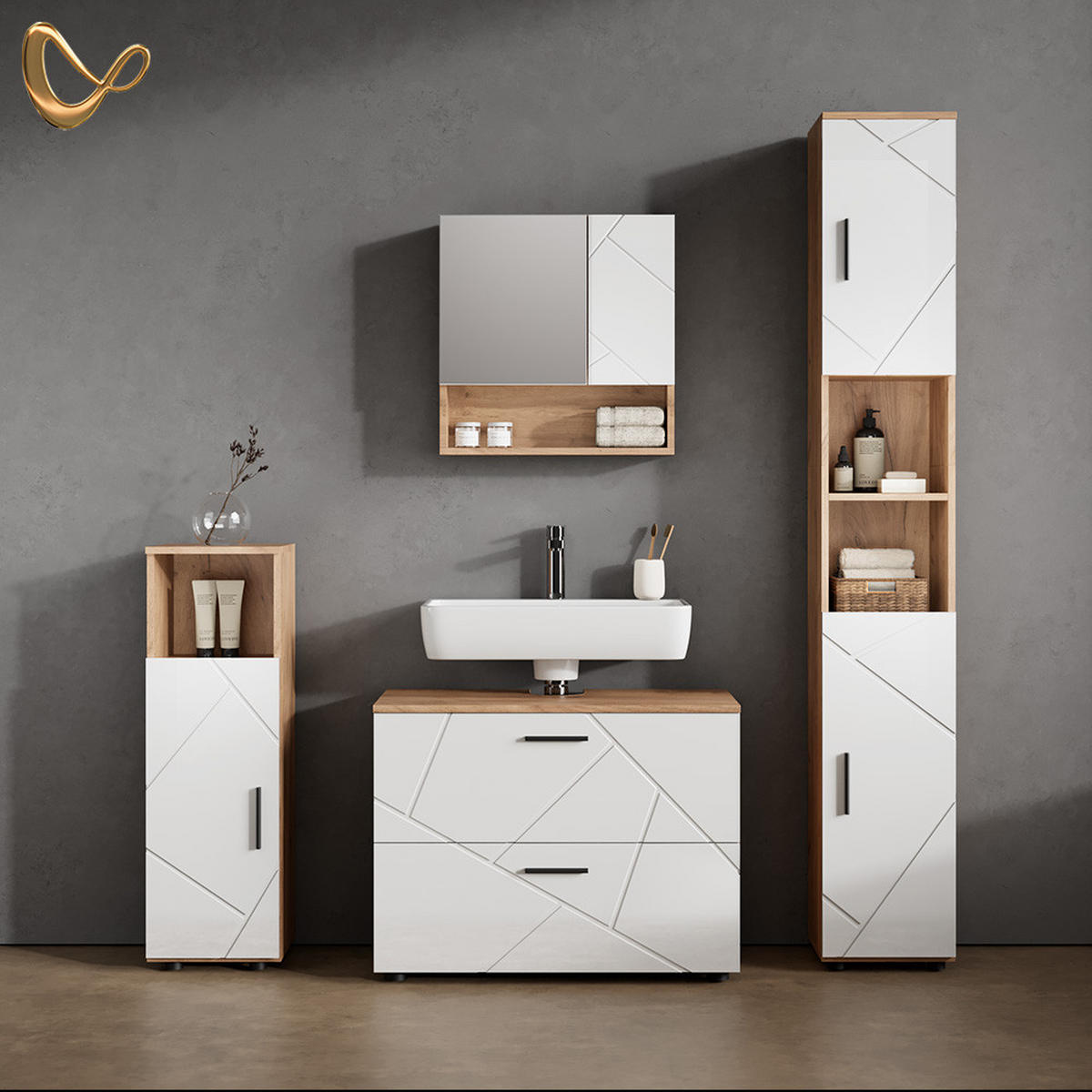 BADMÖBEL-SET Ronco Weiß Hochglanz/Goldkraft Eiche 4 Teile, mit Schubladenschrank und Hochschrank - Weiß Hochglanz/Eiche Wotan, Holzwerkstoff (80/58/41cm) - Livinity®