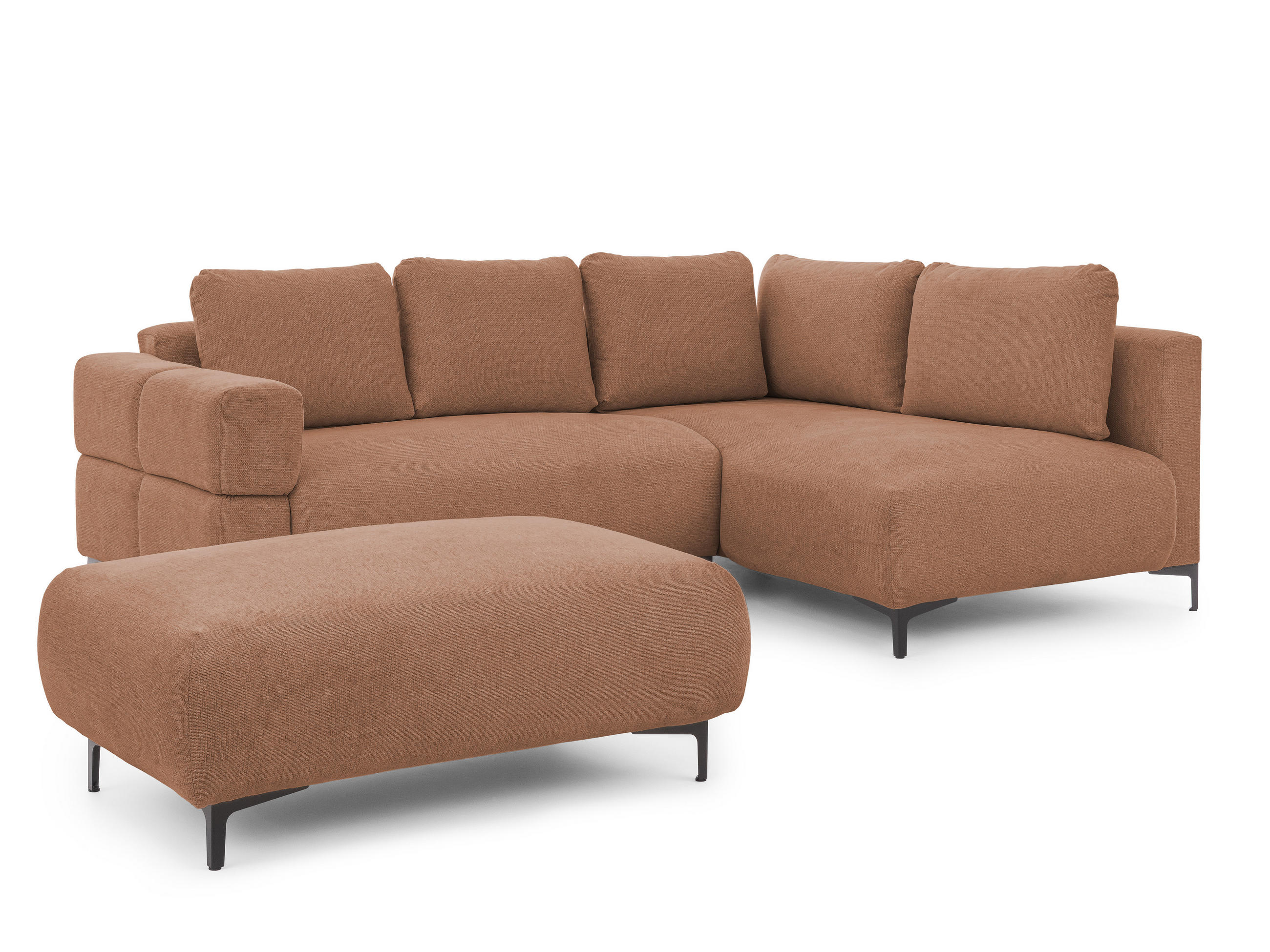 ECKSOFA inkl. Hocker Cardea mit Schlaffunktion in Bubble-Optik aus weichem Terrakotta Strukturstoff und hohem Sitzkomfort - Ottomane rechts - Terracotta/Schwarz, Holz/Textil (230/170cm) - S-Style Möbel