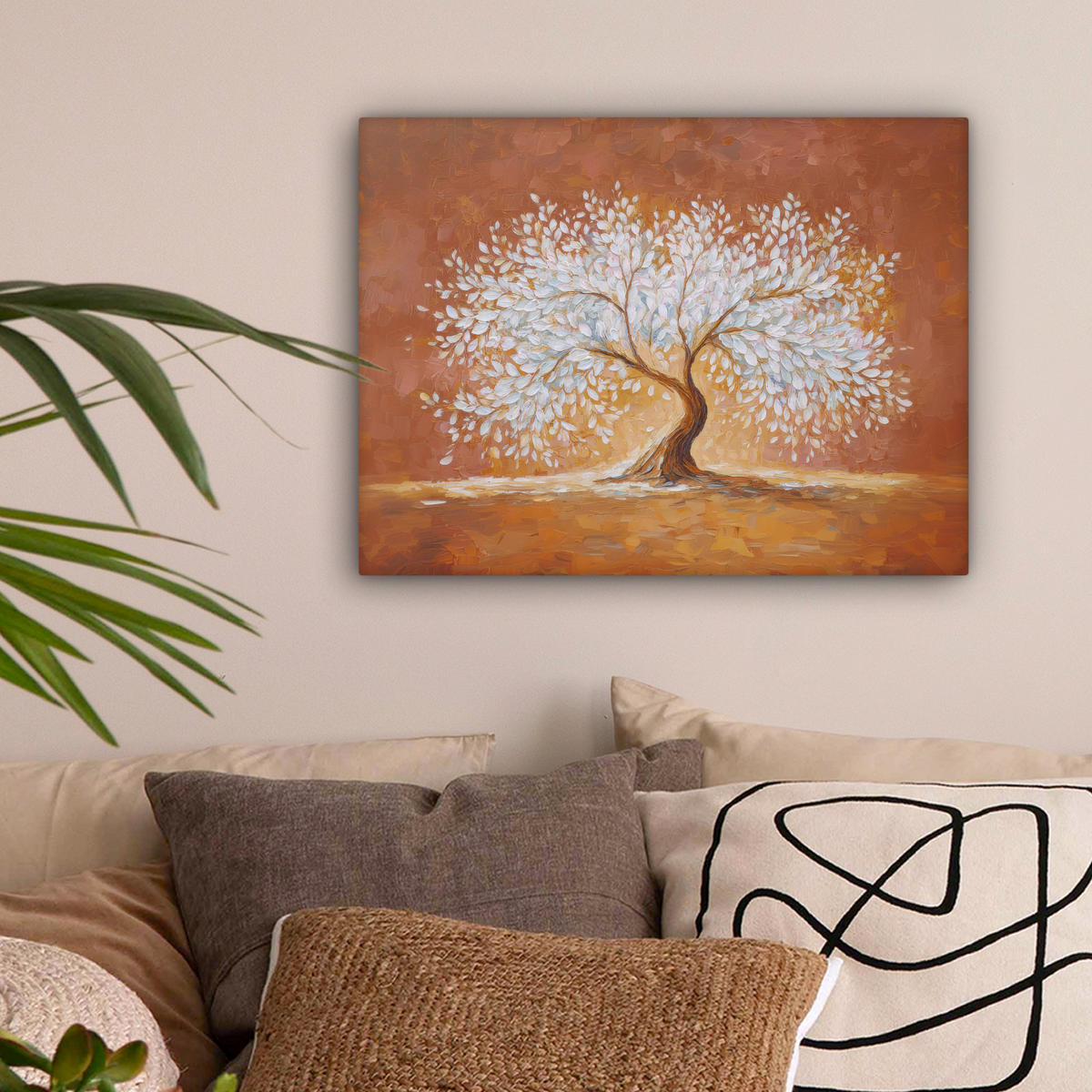 LEINWANDBILD Abstrakt - Baum - Weiß - Blätter Wandbild 40x30 cm - Braun, Textil (40/30cm) - MuchoWow