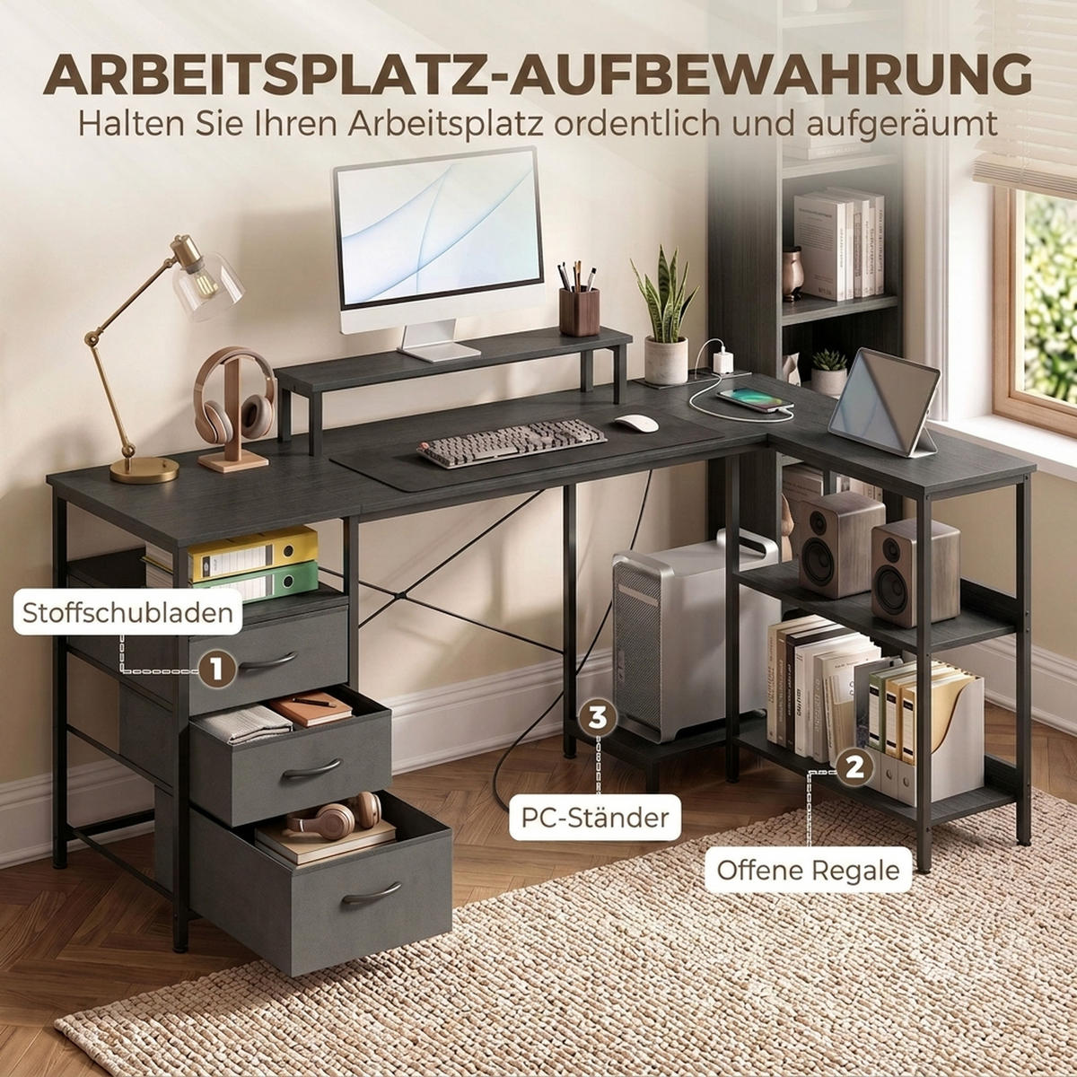 L-FÖRMIGER-SCHREIBTISCH Spanplatte Stahl Schwarz - Schwarz, Holzwerkstoff/Textil (170/100/91cm) - HOMCOM
