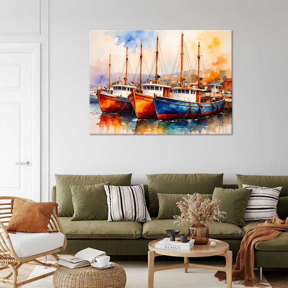 LEINWANDBILD Bunte Boote Schiffe im Hafen 120x80cm - Multicolor, Textil (120/80cm) - Feeby