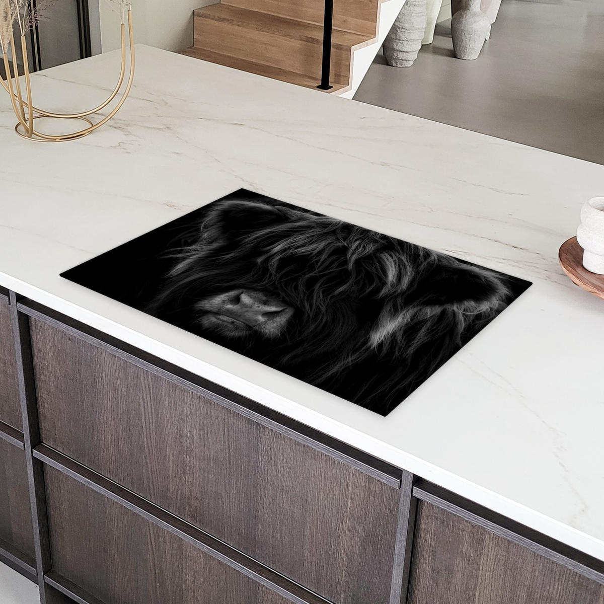 HERDABDECKPLATTE Schottischer Highlander - Kuh - Schwarz - Weiß - Tiere Induktionsmatte 81x52 cm - Schwarz, Kunststoff (81/52/0.2cm) - MuchoWow