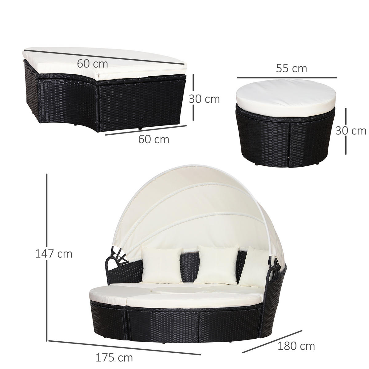 SONNENINSEL, Loungegruppe mit Sonnendach, Metall, Creme - Schwarz, Kunststoff - Outsunny
