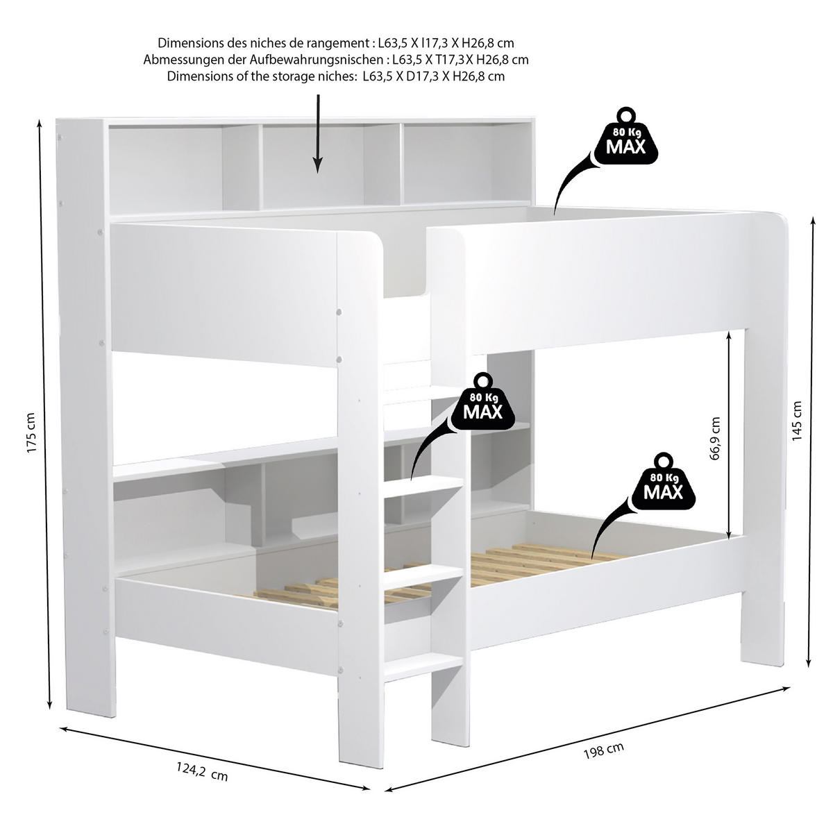 ETAGENBETT LUCKY / Kinderbett 90x190+2 Lattenrosten+ Ablage/ Weiß - Weiß, Holz (90/190cm) - Weber Industries