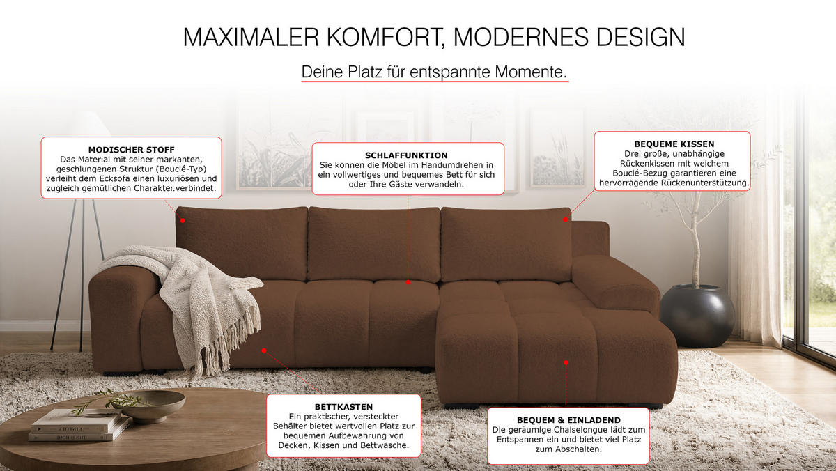 ECKSOFA Ovia mit Bettkasten und Schlaffunktion, Bouclé-Stoff in L-Form - Braun, Textil (270/185cm)