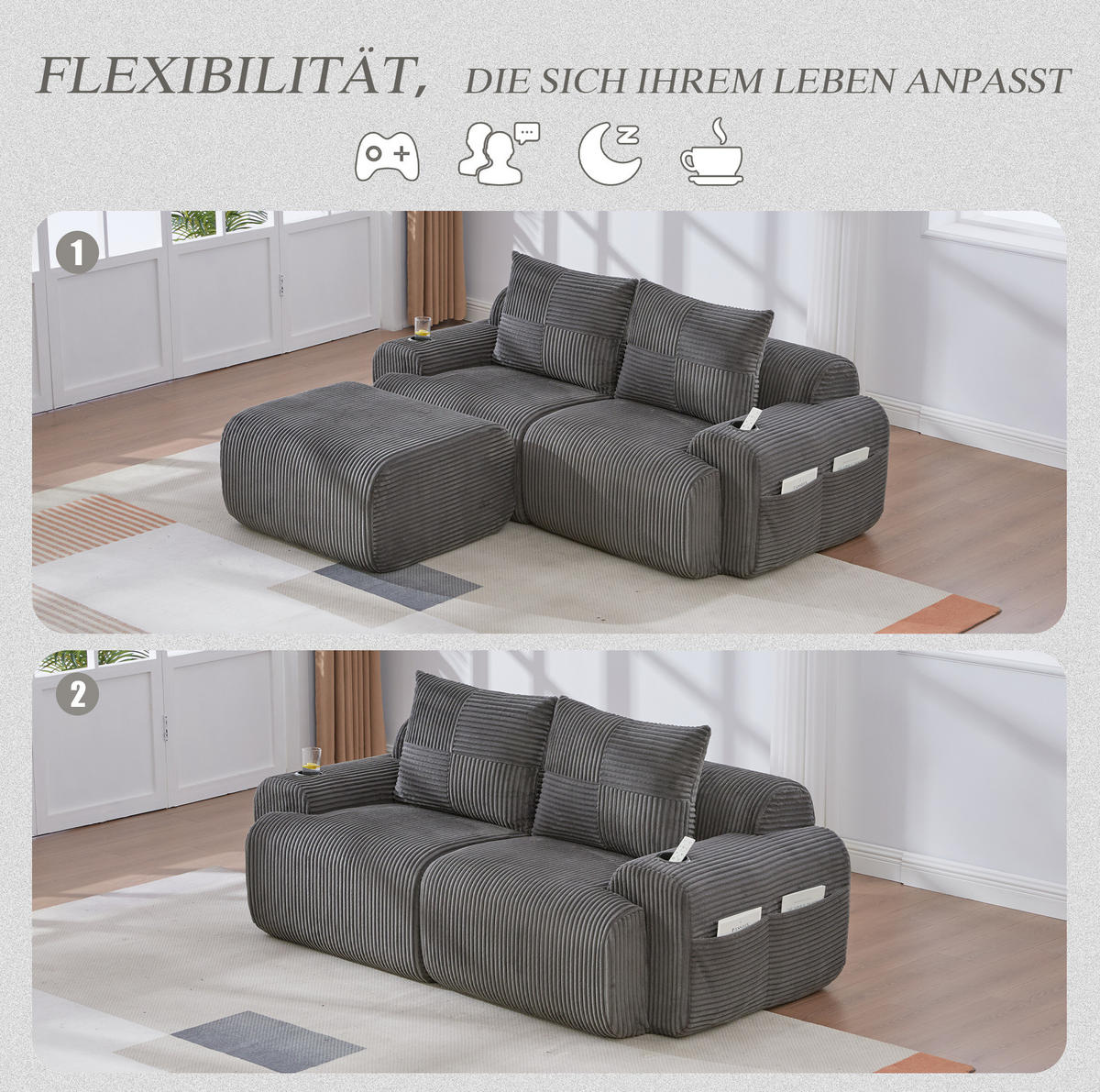 MODULARES 2-Sitzer Cordsofa mit Hocker Getränkehalter und Seitentasche 200/174/80 cm Dunkelgrau - Dunkelgrau, Textil (174/200cm) - Redom