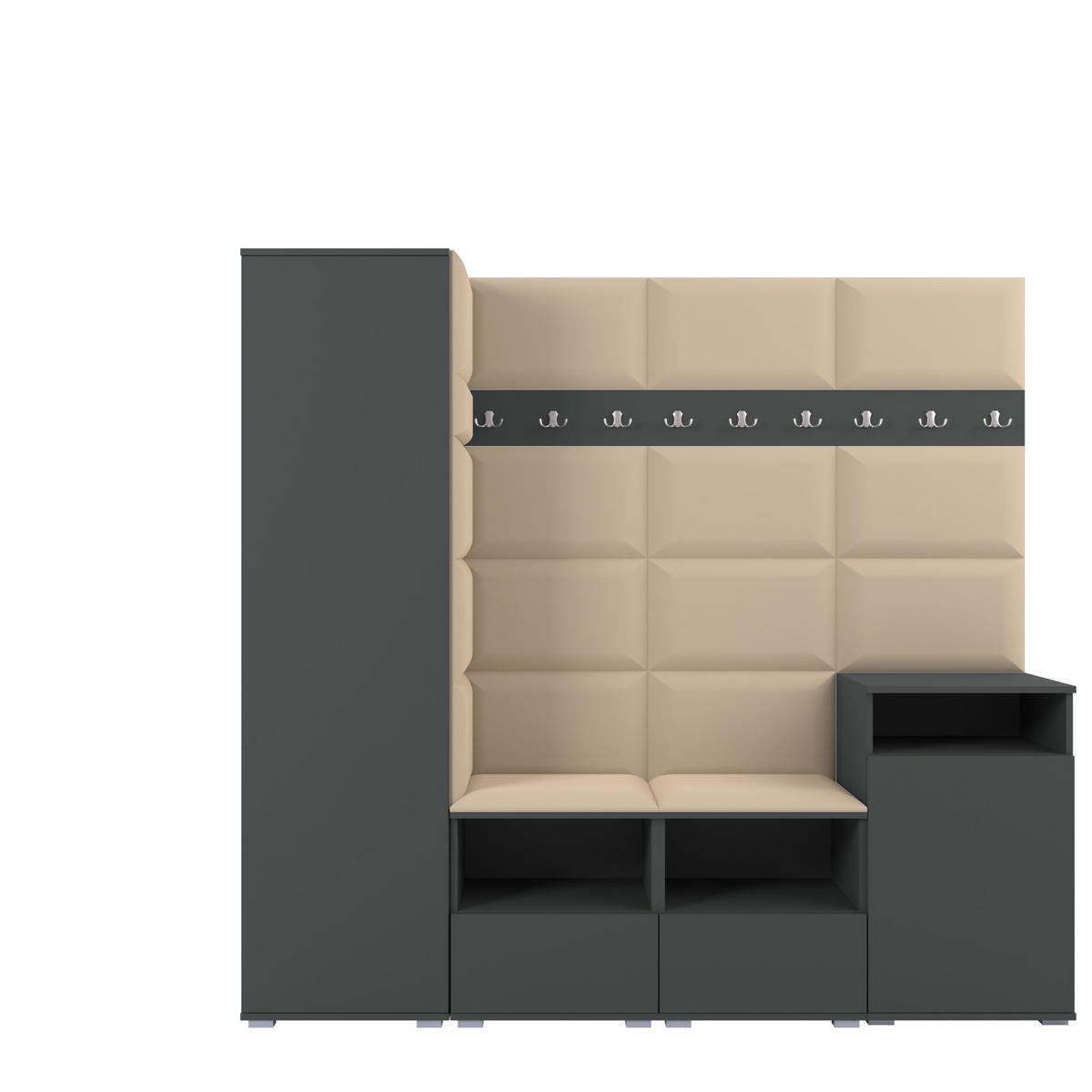 GARDEROBE NELA X 200 cm (Modulare Flurmöbel Graphit mit Sitzpolster Beige 04 Schrank + Sideboard) - Beige/Silberfarben, Holz/Holzwerkstoff (200/187/40cm) - Ravio