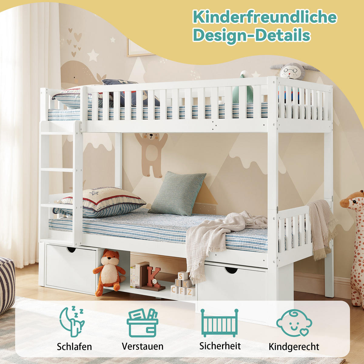 ETAGENBETT 90/200 cm in Weiß aus Massivkiefernholz mit Schubladen und Leiter - Weiß, Holz/Holzwerkstoff (90/200cm) - WISHDOR