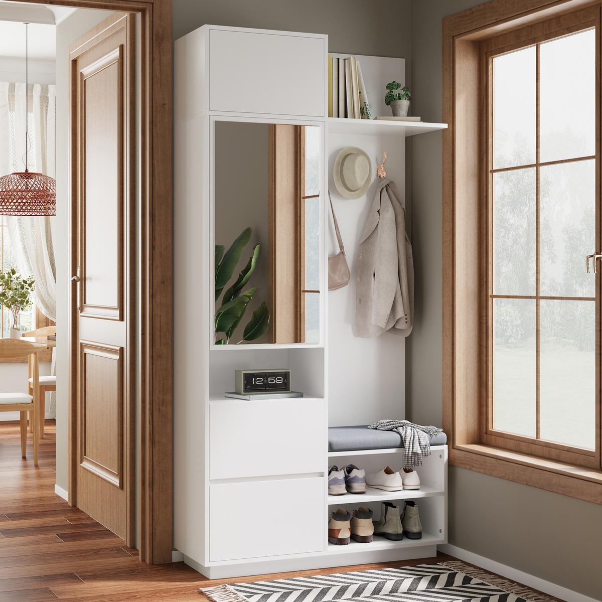 GARDEROBE Spiegel Sitzbank Schuhschrank - Weiß, Holz (90/190/34.5cm) - Fortuna Lai