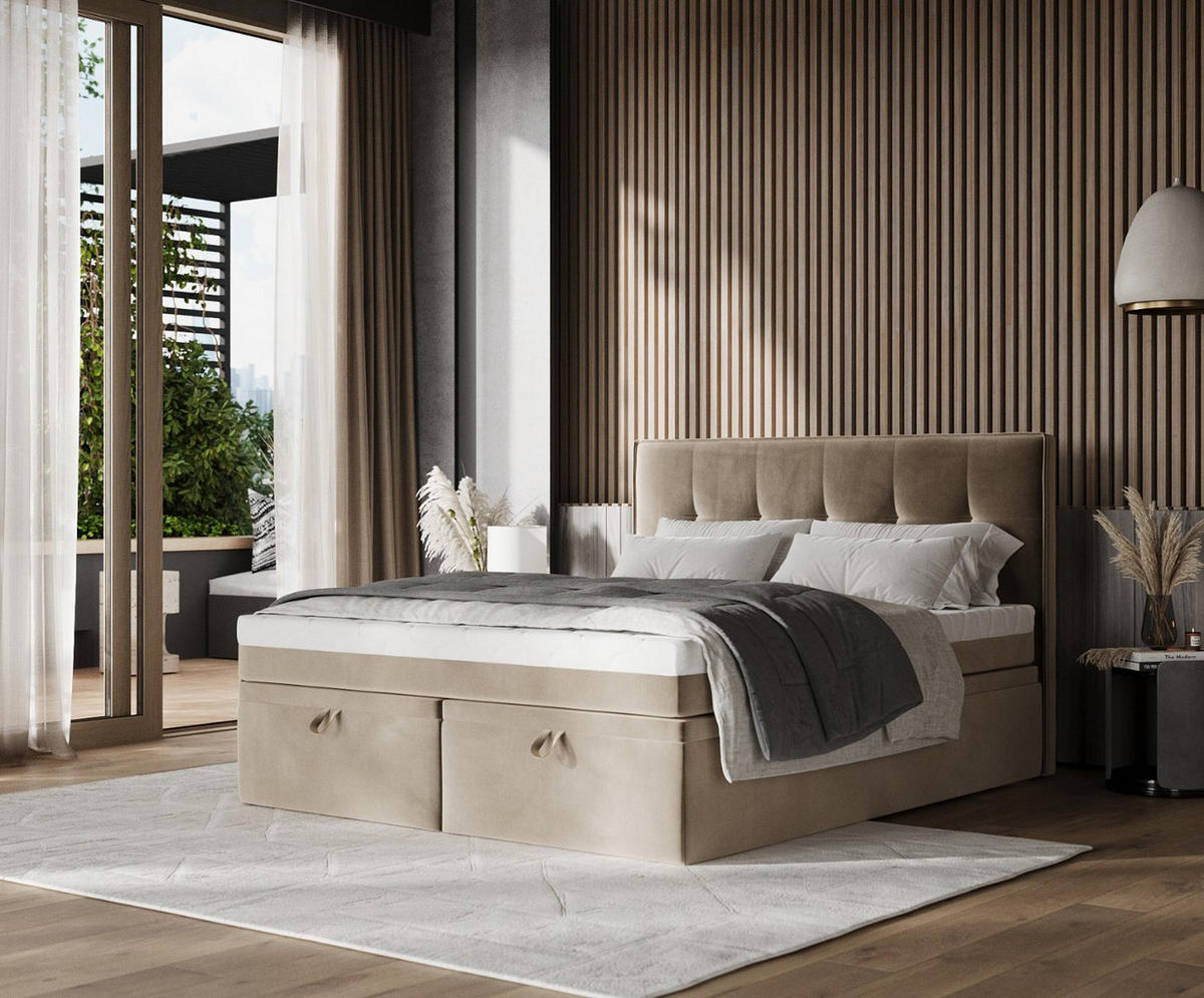 BOXBETT Arivo 180/200 cm Taupe im Paros Stoff - Taupe/Schwarz, Holz/Holzwerkstoff (180/200cm) - AltaBeds