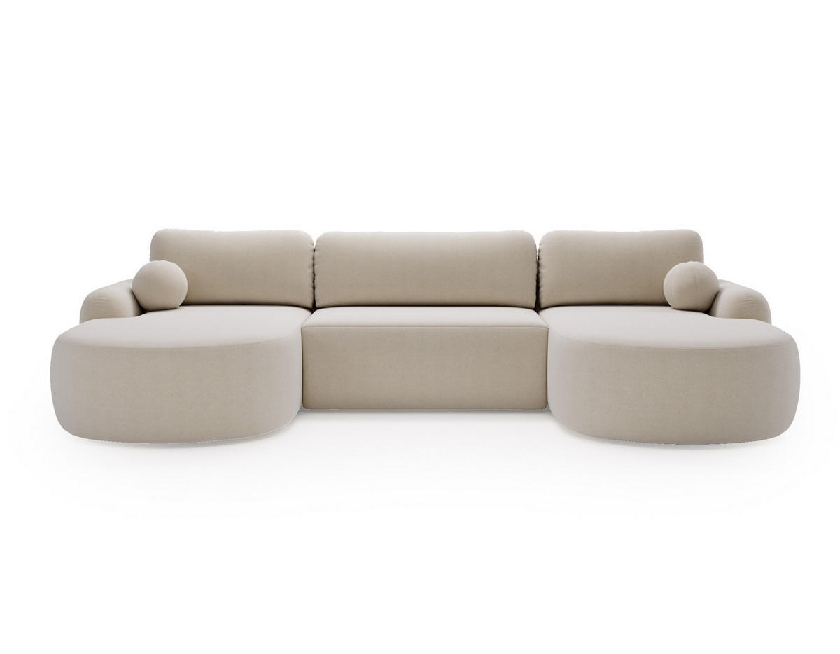WOHNLANDSCHAFT Cloudy Creme, mit abgerundeten Seiten und Kissen - Creme, Holzwerkstoff (377/92/177cm) - Bettso