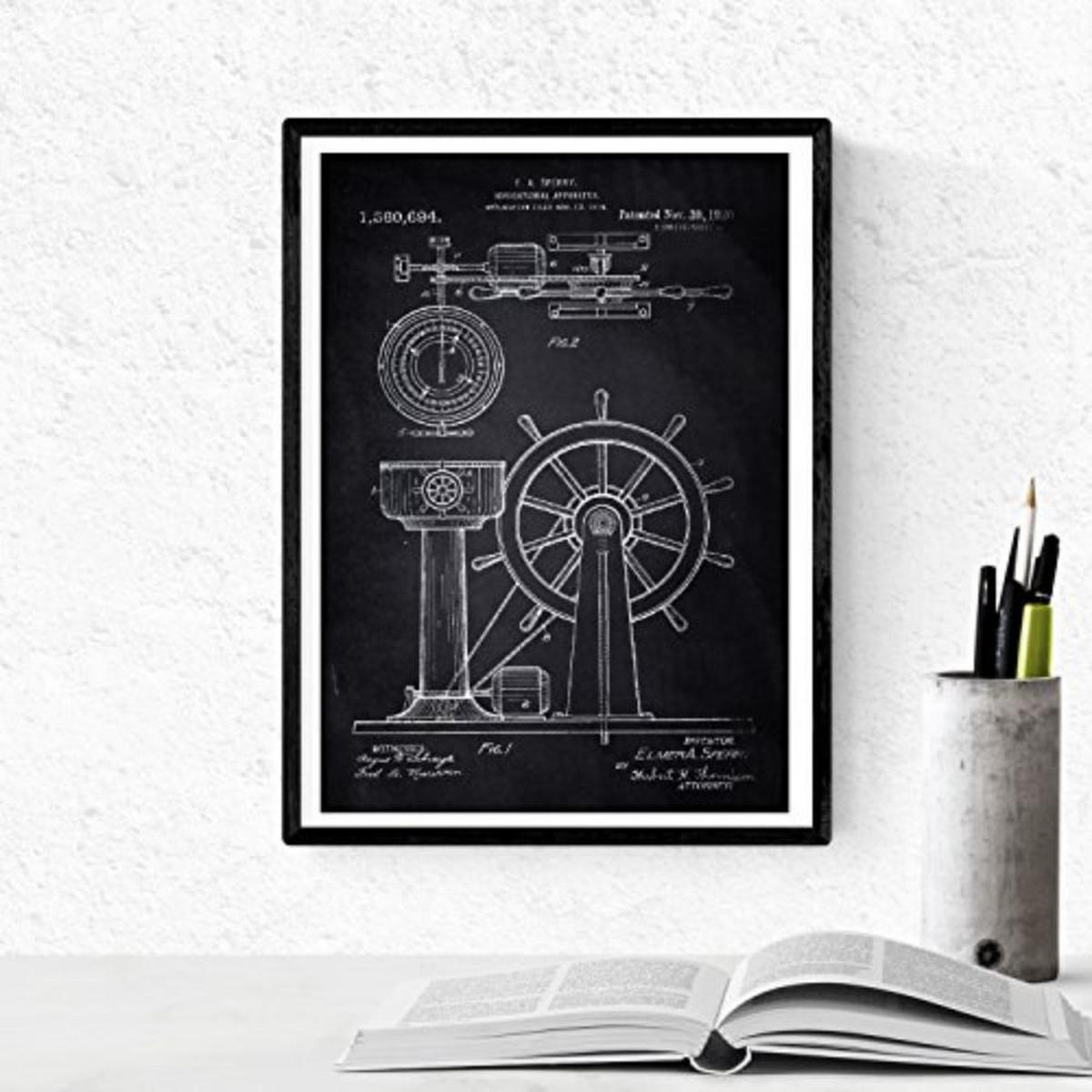 POSTER Set mit 4 Schwarz Patenten Booten A4 Schwarzer Rahmen - Schwarz, Papier (29.7/3cm) - Nacnic