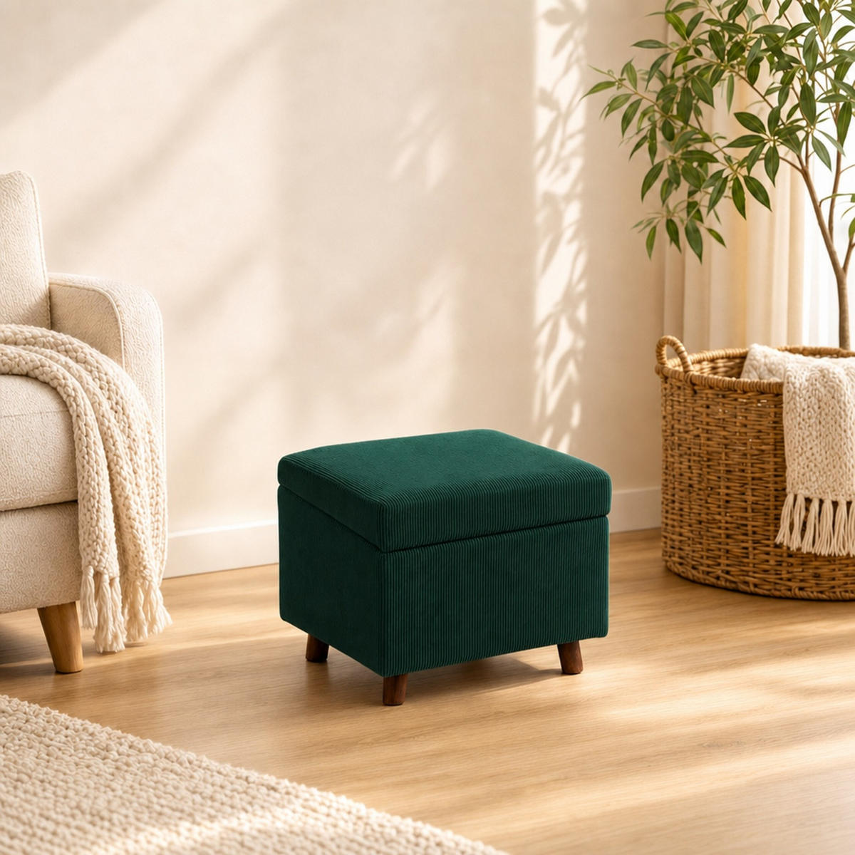 TABURET Tmavě zelený manšestr s úložným prostorem 40 cm - tmavě zelená, dřevo/kompozitní dřevo (46/40/40cm) - Relaxdays