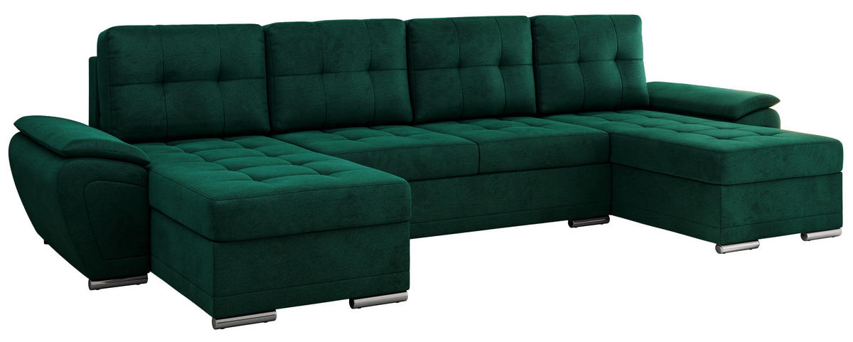WOHNLANDSCHAFT UMBRIA U Dunkelgrün Velvet - Dunkelgrün/Grau, Textil/Metall (336/85/157cm) - MKS
