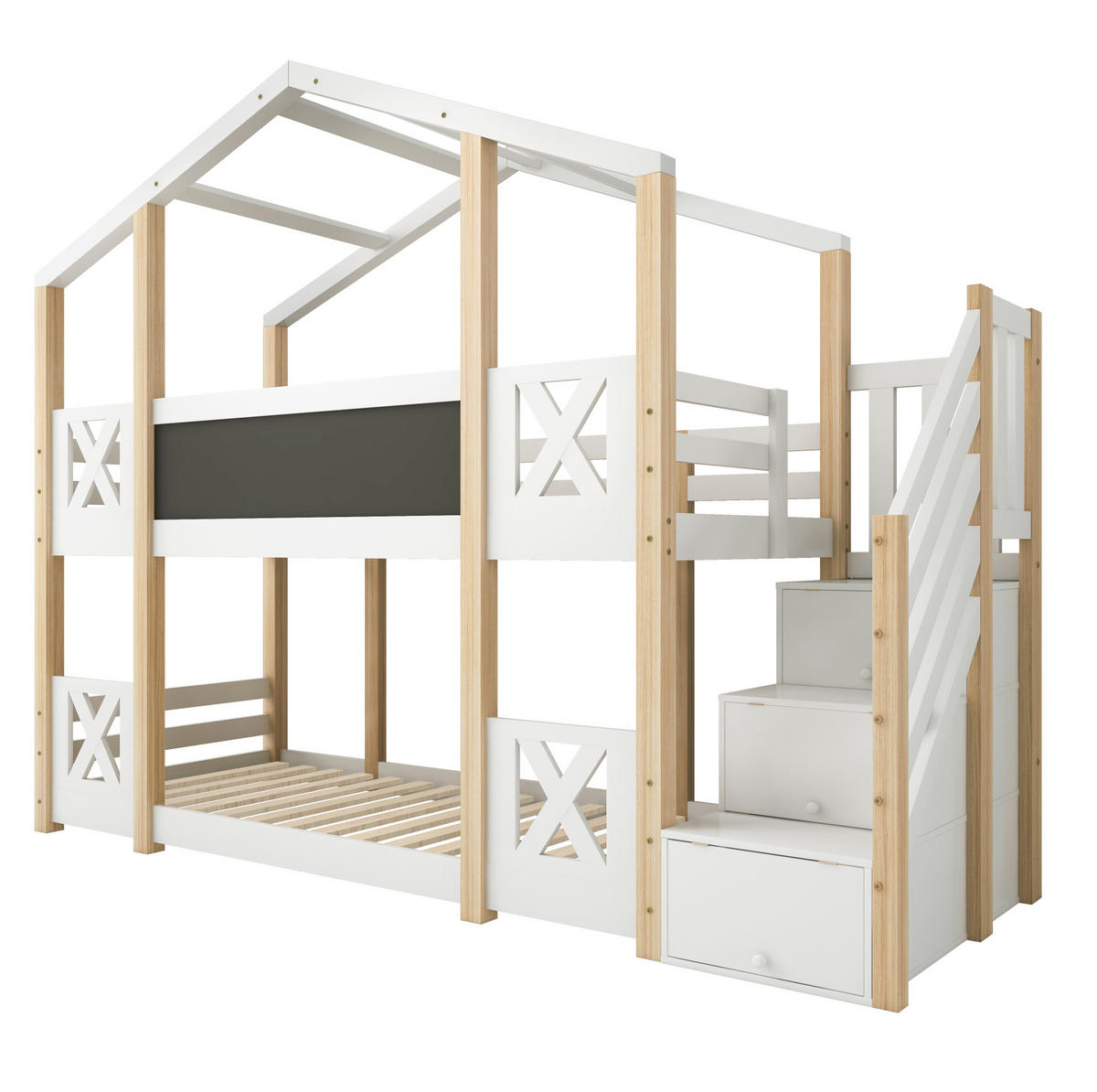 ETAGENBETT aus Holz 90x200 cm in Weiß mit Treppe & Stauraum - Weiß, Holz (90/200cm) - Modfu