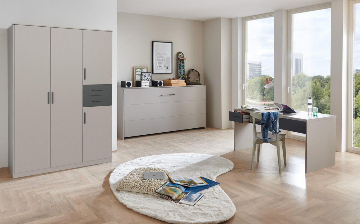JUGENDZIMMER Bahamas Saharagrau- Grafit 4 teilig mit Drehtürenschrank und Klappbett - Grau, Holzwerkstoff (80/200/120cm)