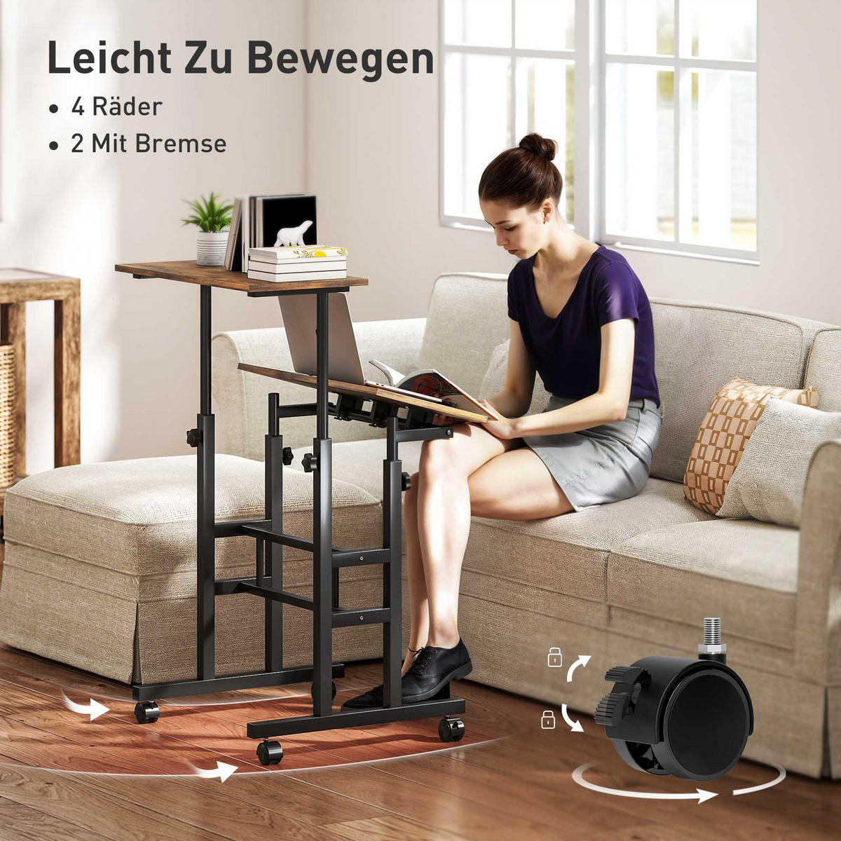 SCHREIBTISCH Höhenverstellbar Küchentisch mit Regal Rollen Rustikal Braun - Schwarz/Braun, Holzwerkstoff/Metall (60/60/120cm) - HOMCOM