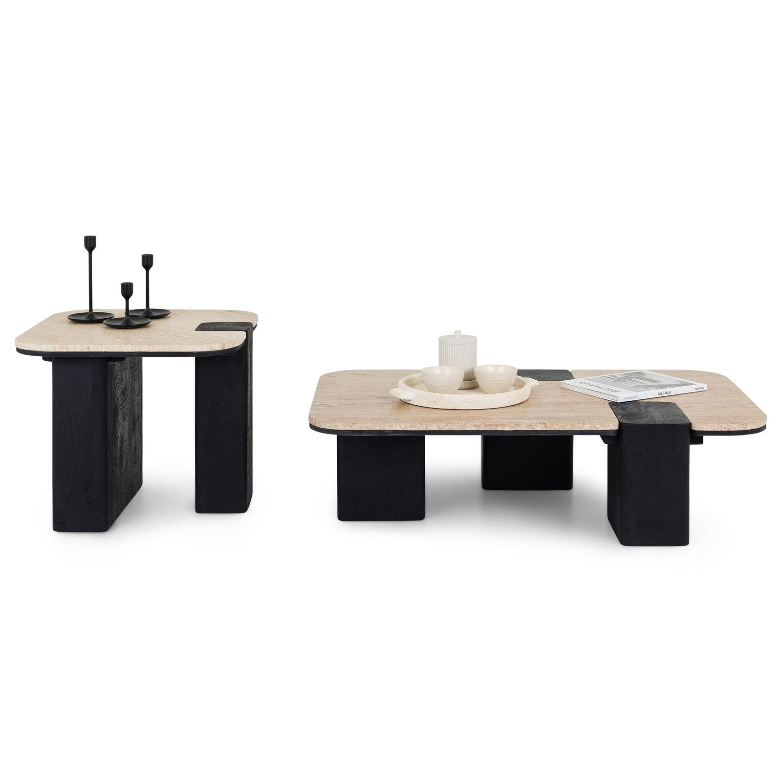 COUCHTISCHSET SURAT/DELHI 2er Set beige/schwarz - Beige/Schwarz, Naturmaterialien/Holz (60/100/27cm) - IDIMEX