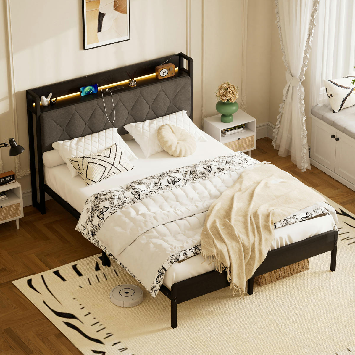 POLSTERBETT 140/190 cm mit LED und Ladestation, DE-41903, in Schwarz - Schwarz, Metall (140/190cm) - ComfortXL