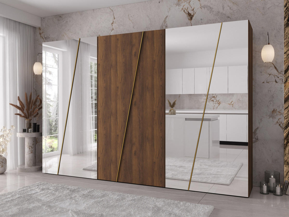DREHTÜRENSCHRANK Zen 4L 300 cm - Goldfarben/Nussbaumfarben, Holzwerkstoff/Kunststoff (300/202/50cm) - MIRJAN24