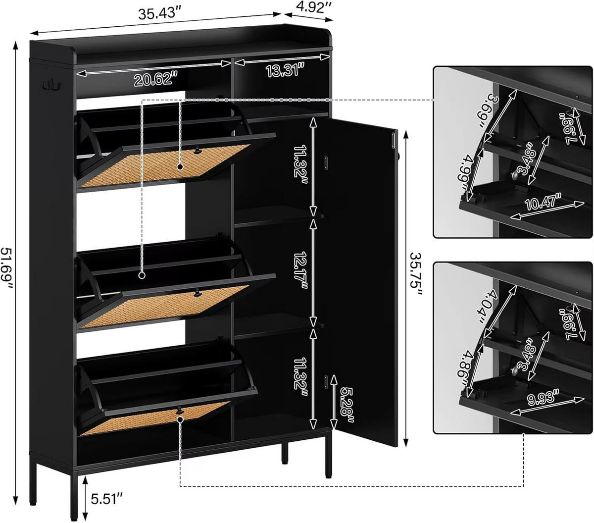 SCHUHSCHRANK Holzoptik mit 3 Klappen - Schwarz, Holz (90/131/12.5cm) - Kaket