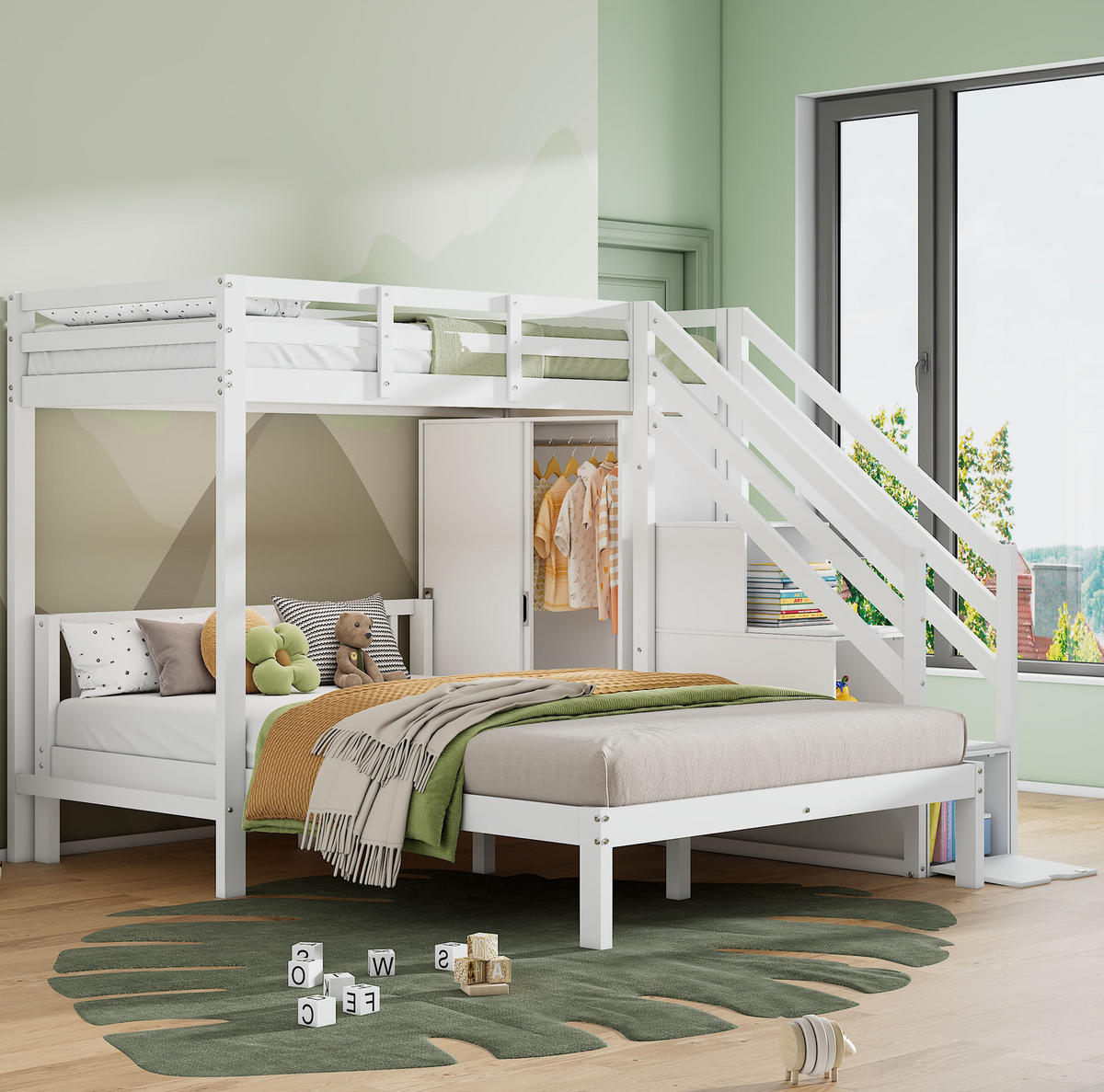 KINDERBETT aus Massivholz und MDF 90x200/140x200 cm in Weiß mit Stauraumtreppe - Weiß, Holzwerkstoff (90/200cm) - Modfu
