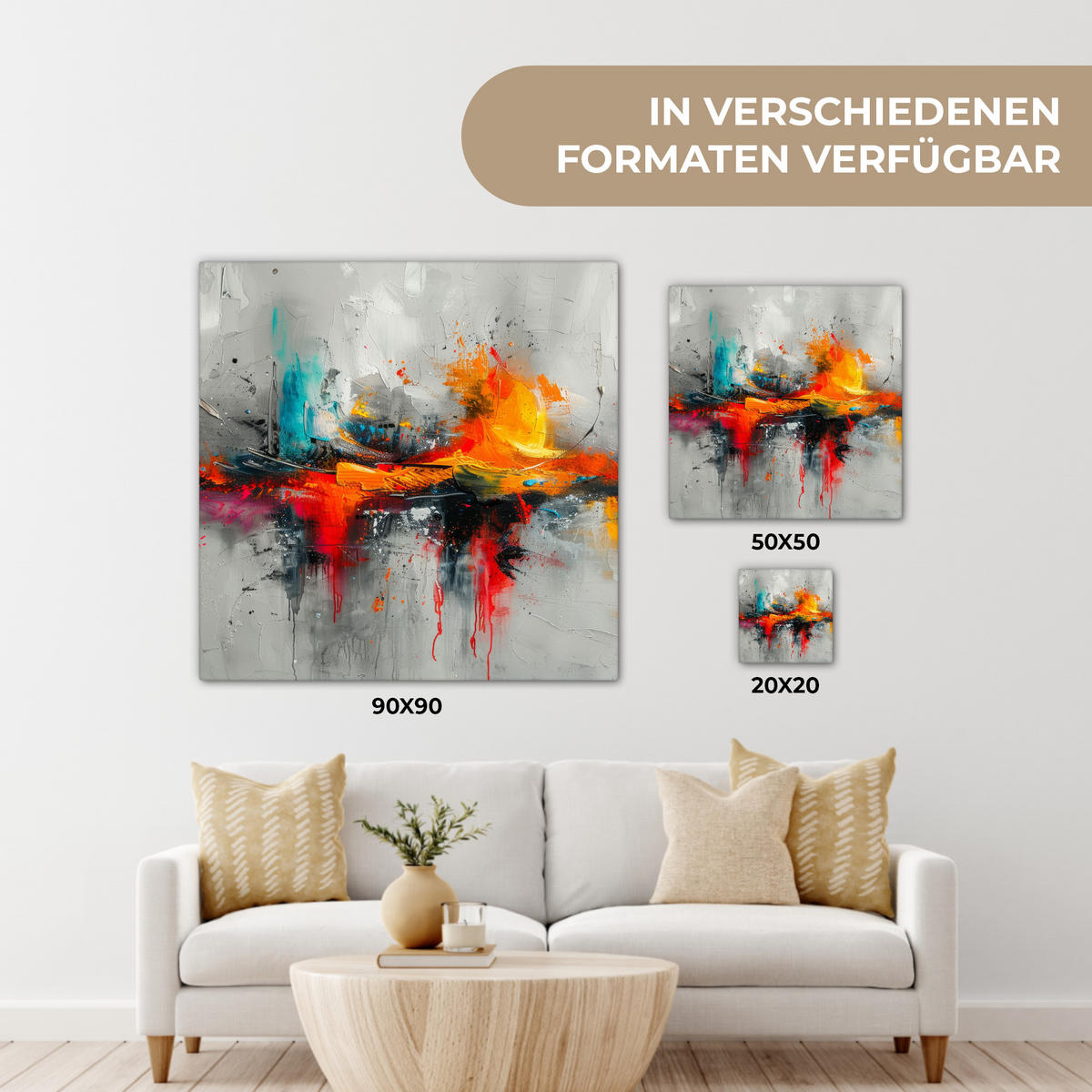 LEINWANDBILD Moderne Kunst - Orange - Grau - Abstrakt 50x50 cm - Hellgrau, Textil (50/50cm) - MuchoWow