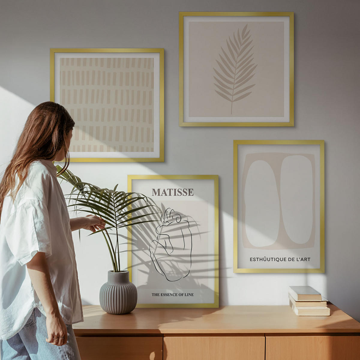 BILDER SET 4er Set - 50x50 cm & 40x60 cm Goldrahmen - Linien, Formen, Beige, Weiß - Goldfarben, Kunststoff (50/50cm) - TULUP