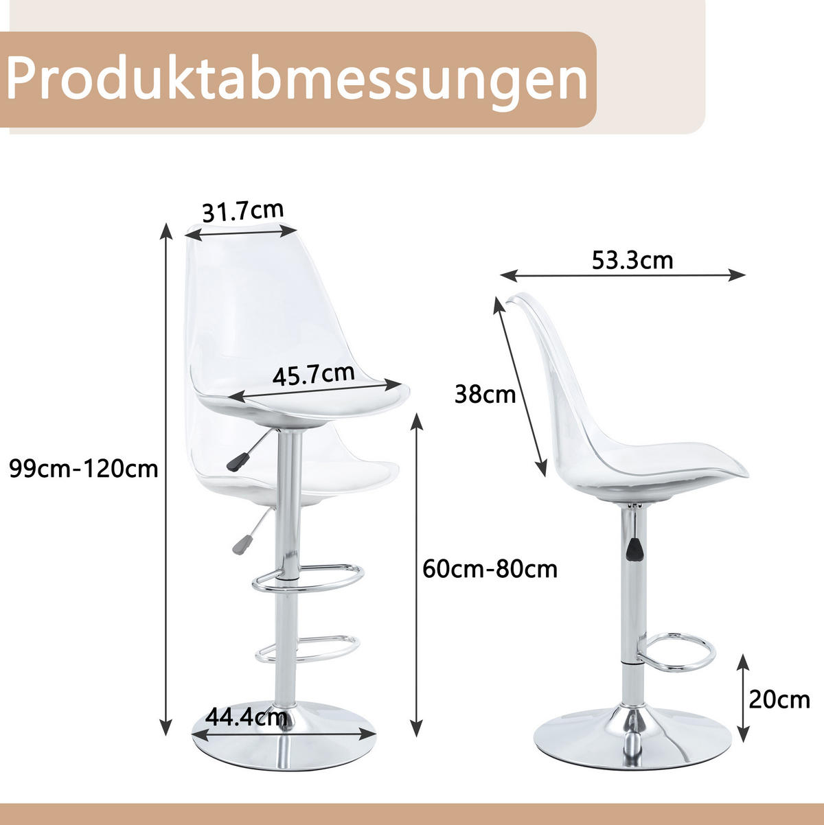 BARHOCKER höhenverstellbar 2er-Set Transparent Silber - Silberfarben, Metall (53.3/120/45.7cm) - Meubliv