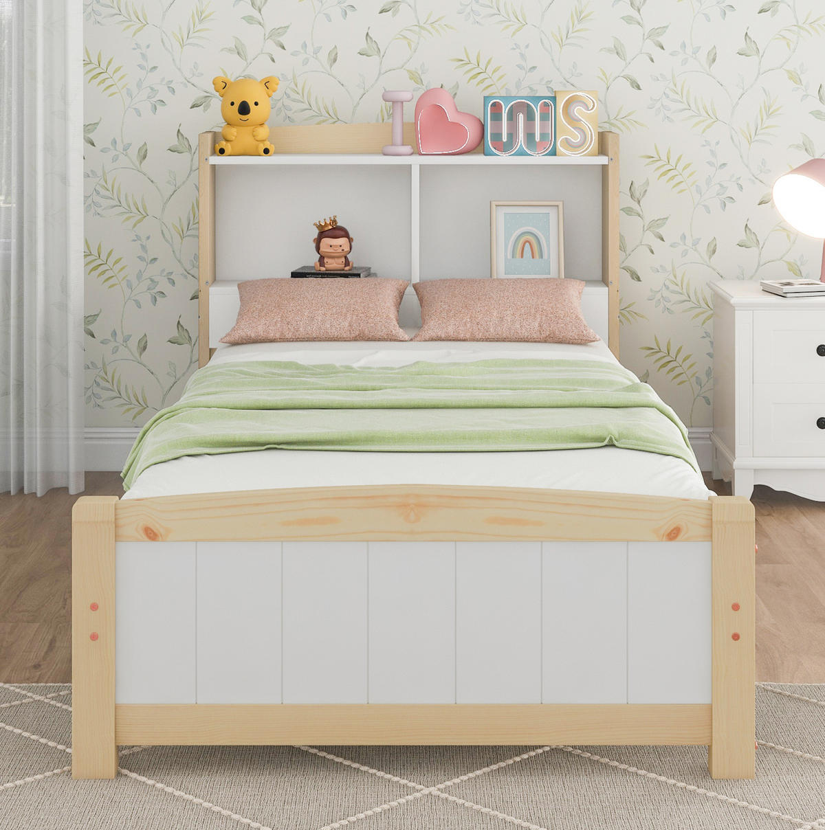 KINDEREINZELBETTEN aus Massivholz 90x200 cm in Weiß mit Stauraum-Kopfteil - Weiß, Holz (90/200cm) - Modfu