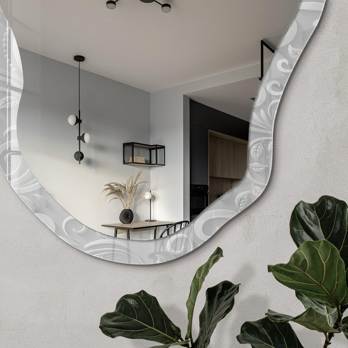 SPIEGEL 90x45 cm asymmetrisch mit Druck - Blattschmuck - Transparent, Glas (45/90/0.4cm) - TULUP