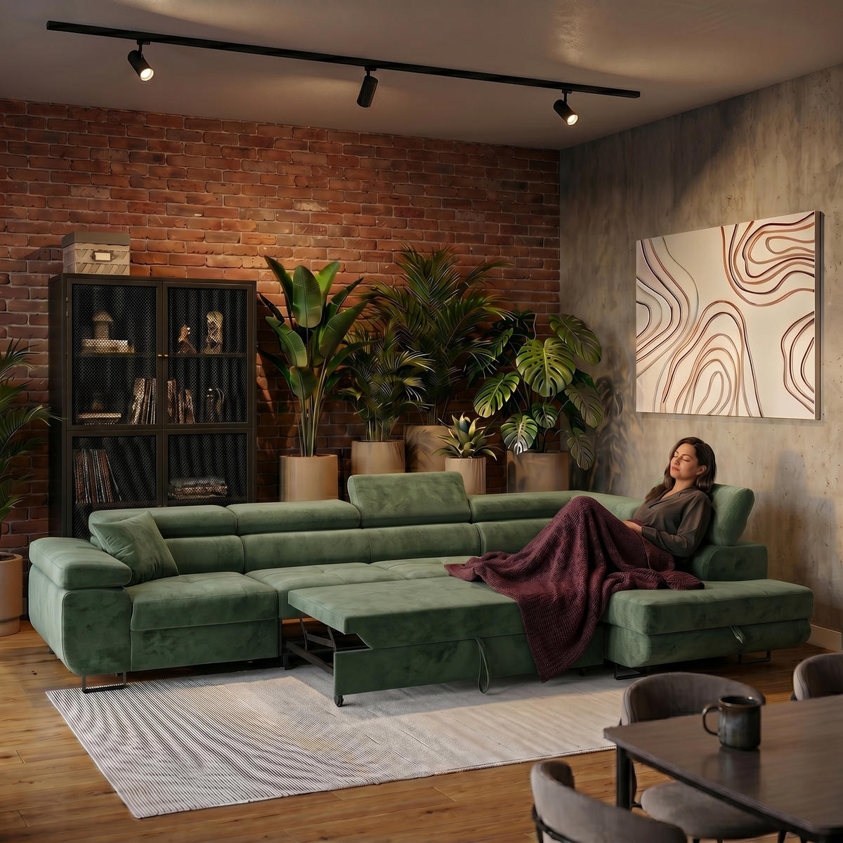 ECKSOFA WILD MAXI L Rechts mit Schlaffunktion 125x195 Velours Dunkelgrün - Chromfarben/Dunkelgrün, Holz/Textil (203/350cm) - Muffo