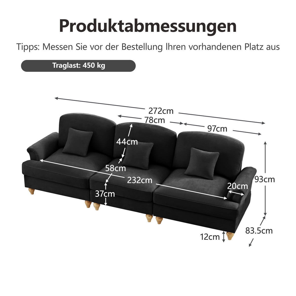 3-SITZER-SOFA DE-34092 mit abnehmbarem Volant Schwarz - Schwarz, Textil (83.5/93/272cm) - ComfortXL