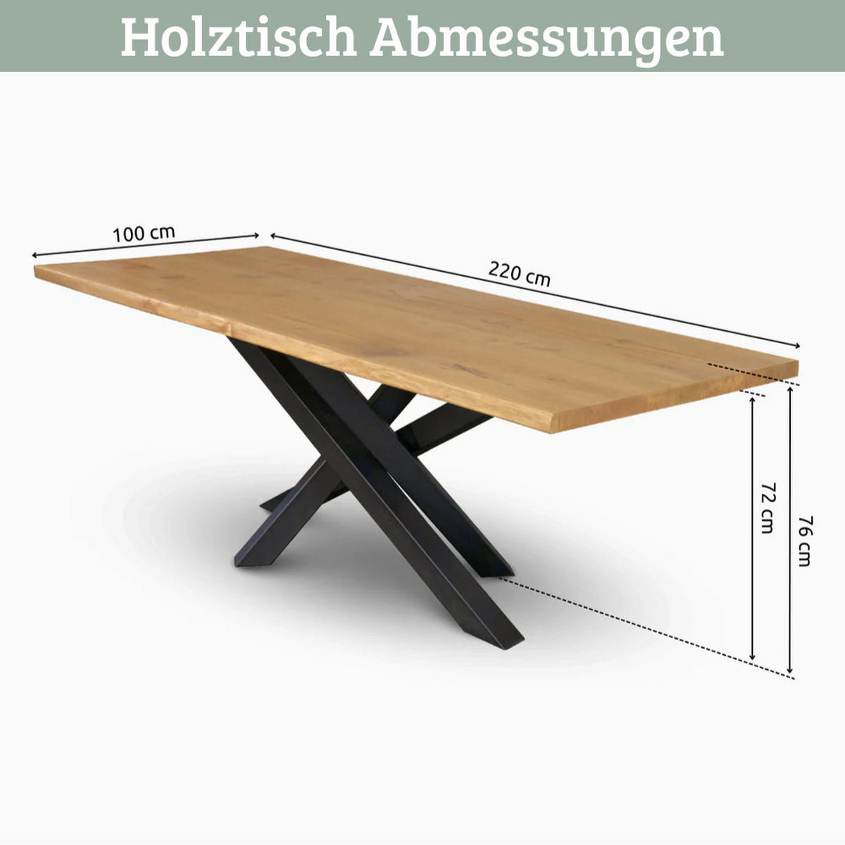 ESSTISCH Massivholz mit Baumkante RAGNAR 220x100 cm Eichenholz T-Spider Gestell - Braun, Holz/Metall (100/220/76cm) - DELUKE