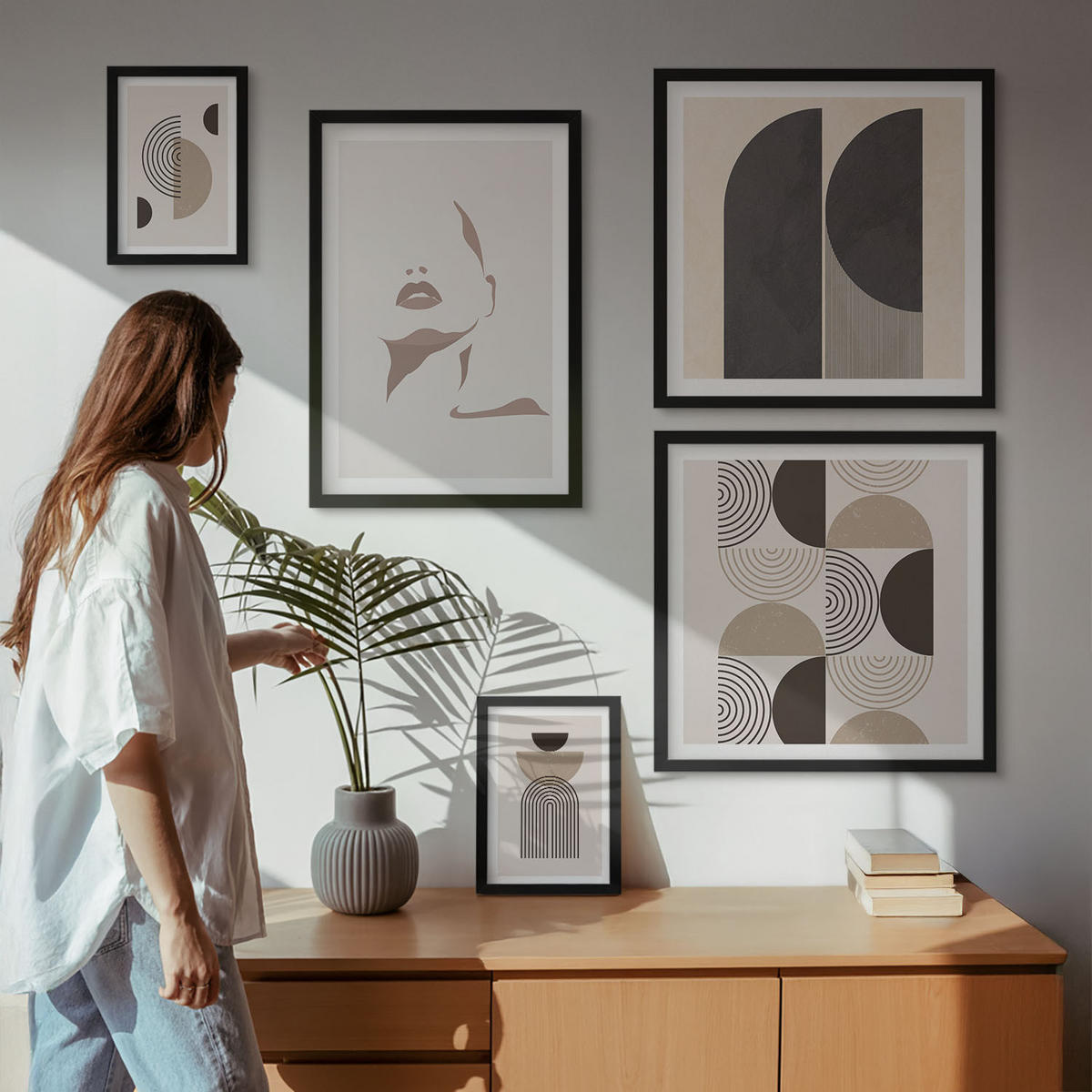BILDER SET 5er Set - 50x50 cm & 20x30 cm & 40x60 cm Schwarzer Rahmen - Abstrakte Gesichtsformen - Schwarz, Kunststoff (40/60cm) - TULUP